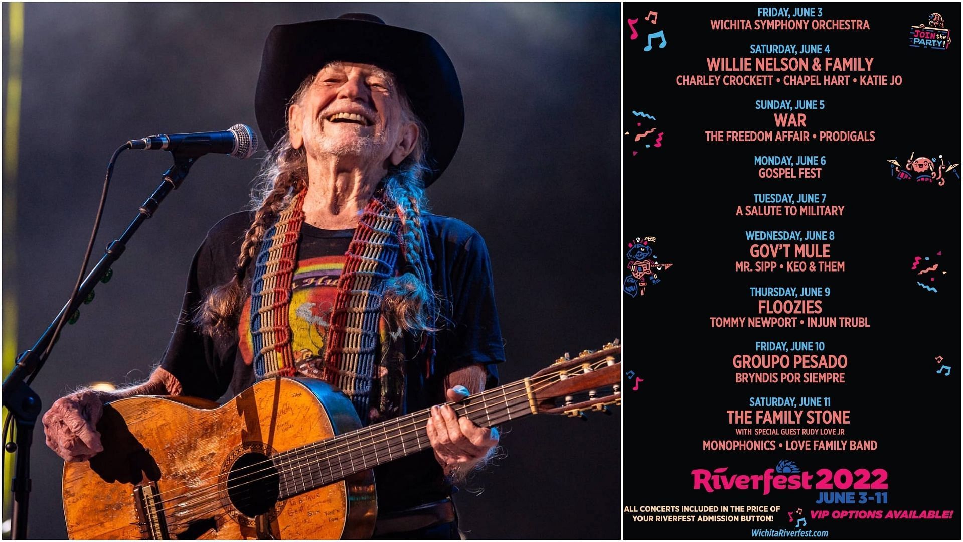 Willie Nelson is among the headliners at the Wichita Riverfest this year. (Images via Instagram / @willienelsonofficial and Facebook / @Wichita Riverfest)