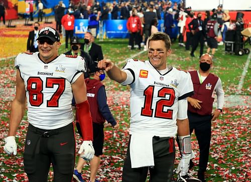 Tampa Bay Buccaneers' Rob Gronkowski and Tom Brady