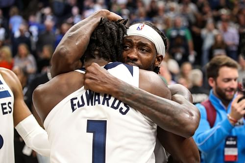 Patrick Beverley and Anthony Edwards after the Minnesota Timberwolves play-in tournament win