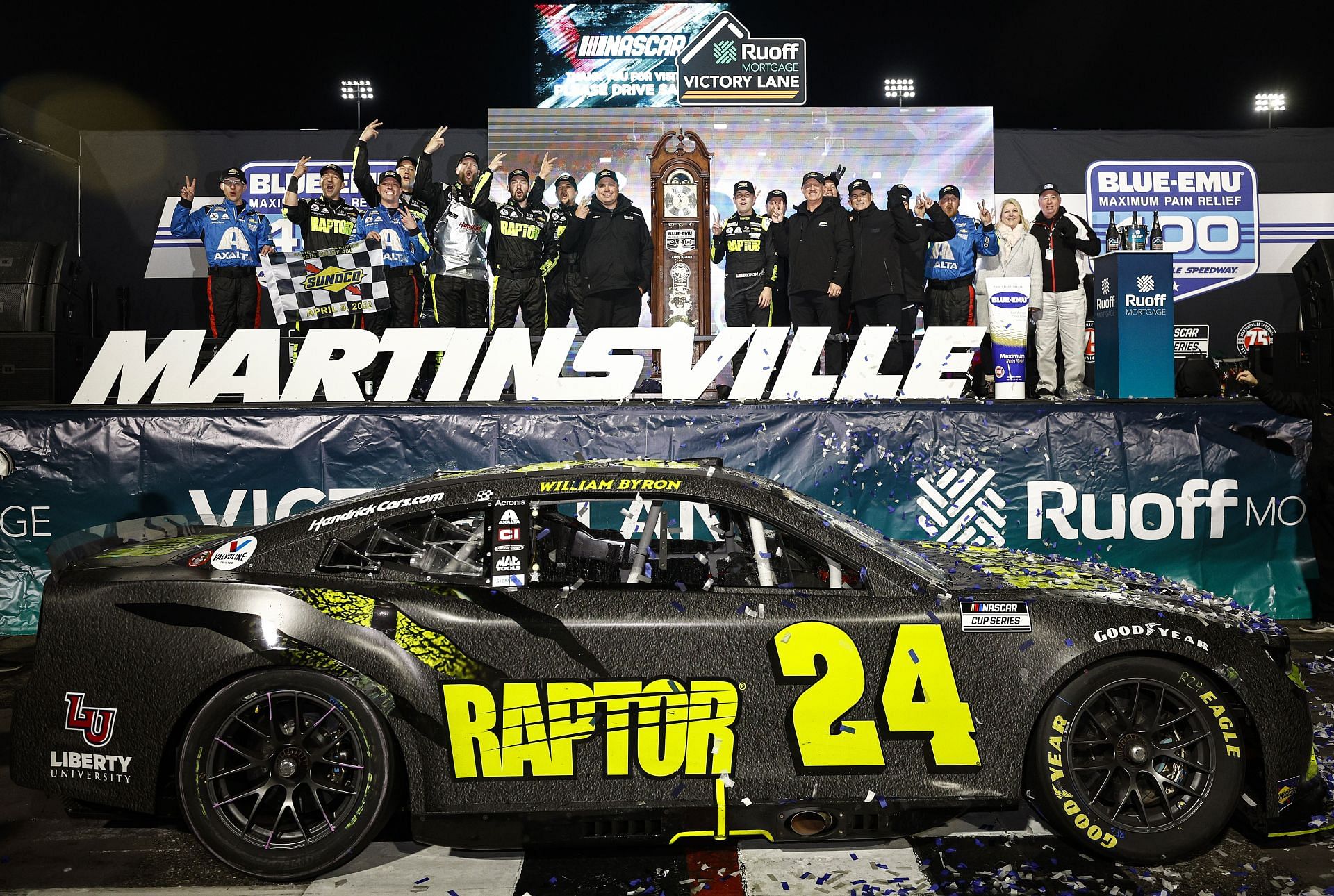 William Byron and his crew celebrate in the Ruoff Mortgage victory lane after winning the NASCAR Cup Series Blue-Emu Maximum Pain Relief 400 at Martinsville Speedway (Photo by Jared C. Tilton/Getty Images)