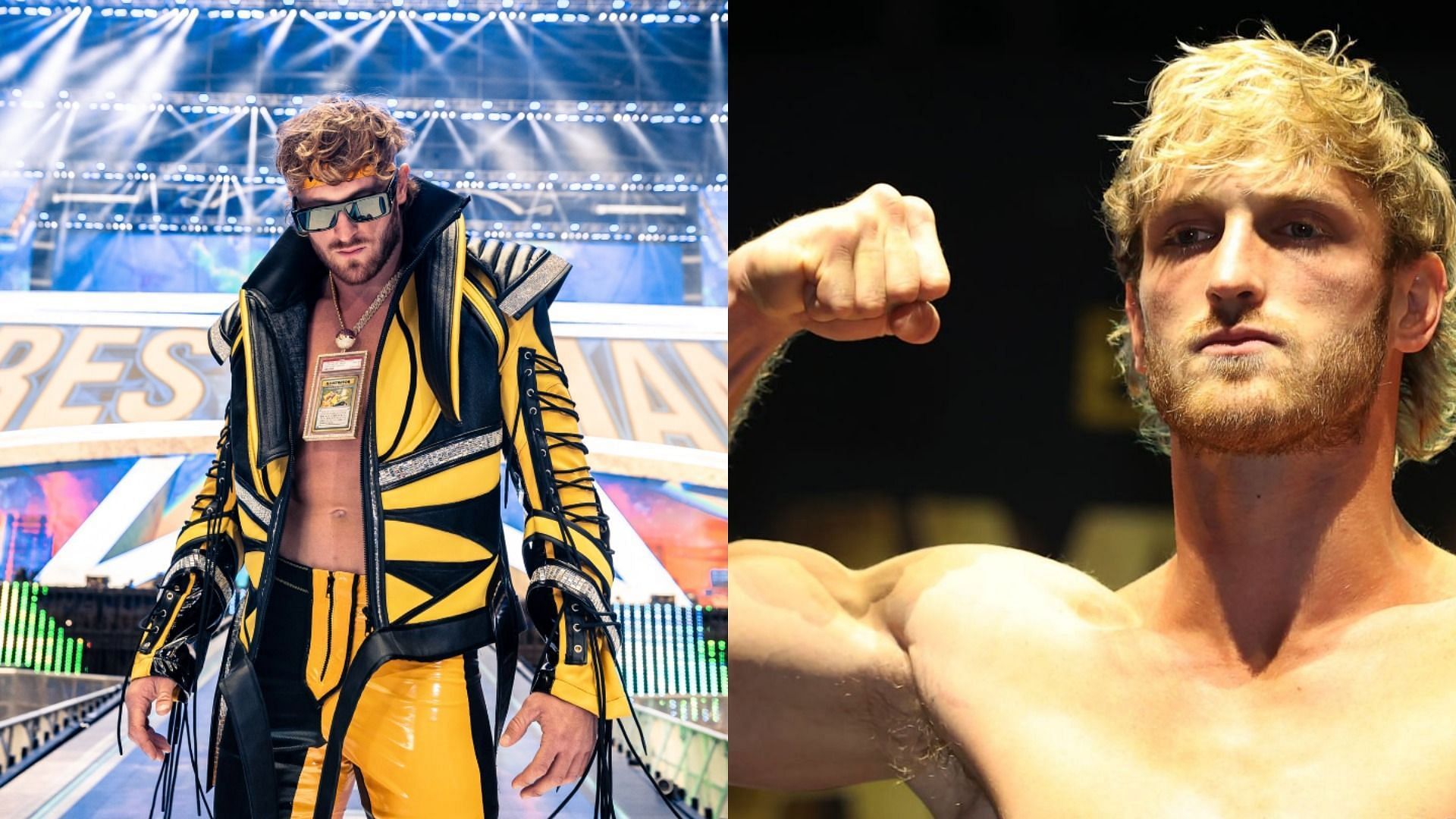 Logan Paul made his WrestleMania debut wearing an ultra-rare Pikachu illustrated card (Image via Logan Paul/Twitter and Cliff Hawkins/Getty Images)