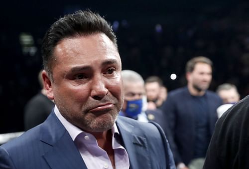 Oscar De La Hoya inside the ring at Devin Haney v Joseph Diaz Jr.