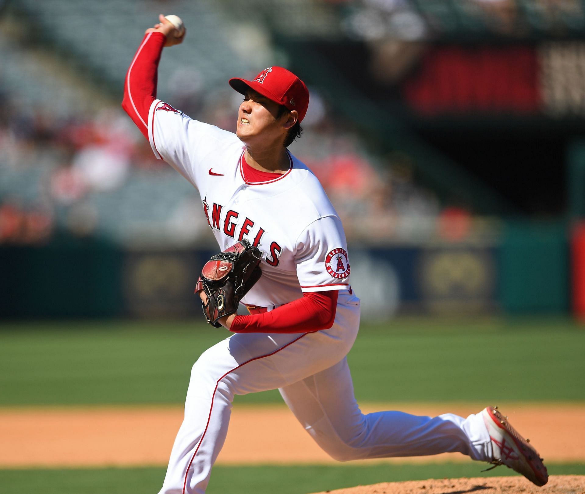 Shohei Ohtani pitching during a Oakland Athletics v Los Angeles Angels game last year.