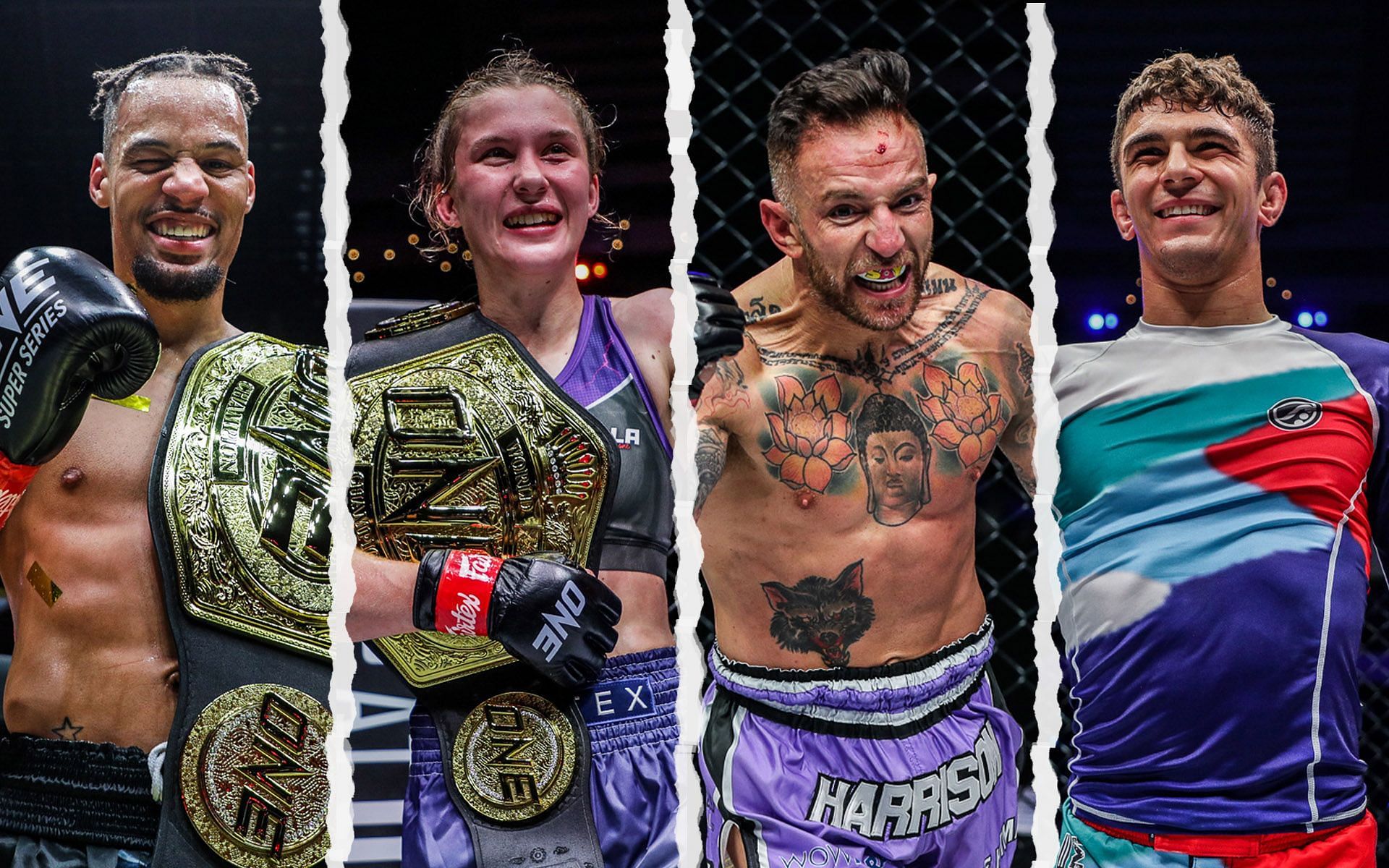 Regian Eersel, Smilla Sundell, Liam Harrison, and Mikey Musumeci (L-R) won bonuses at ONE 156. | [Photos: ONE Championship]