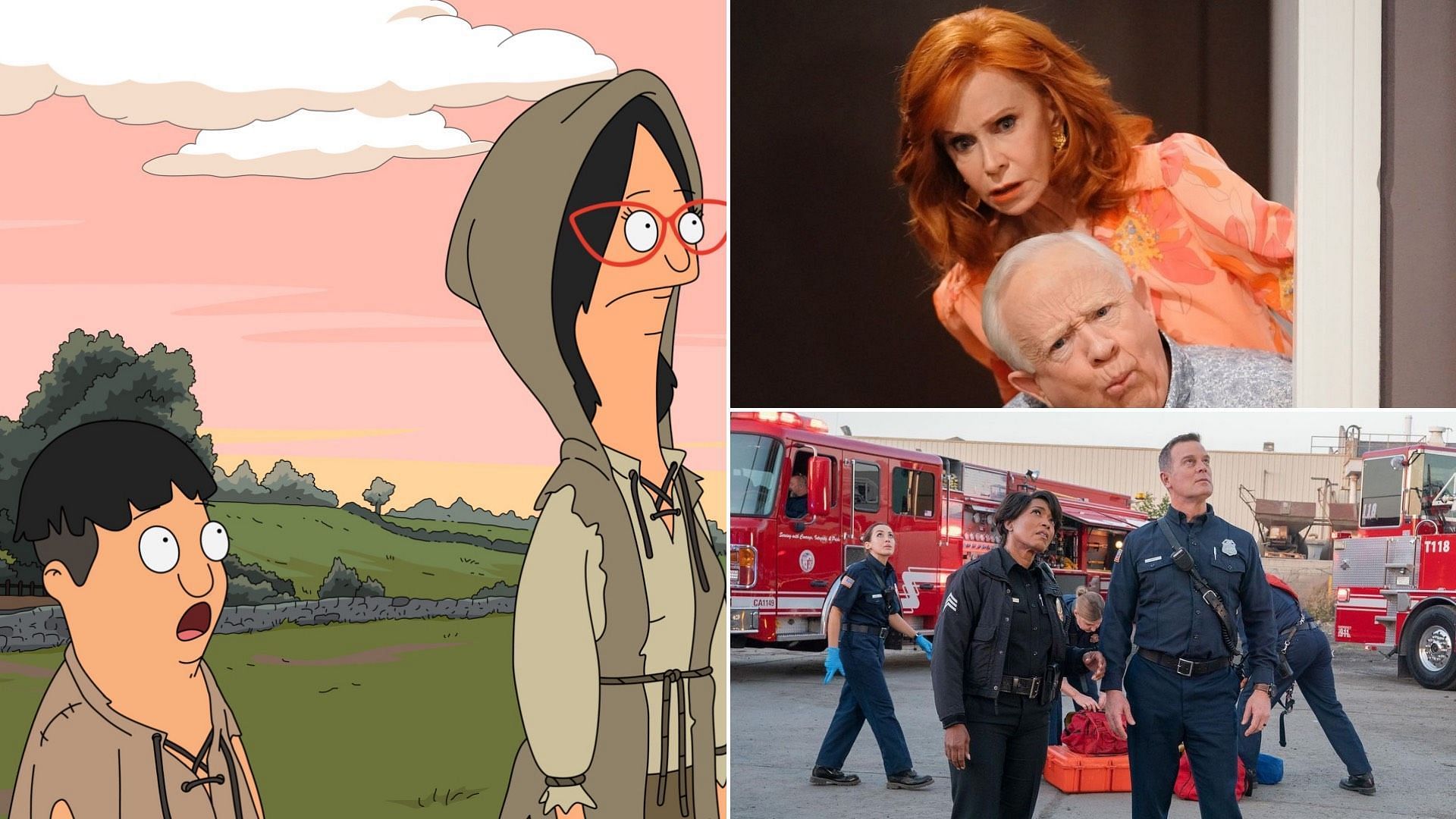 Stills from Bob&rsquo;s Burgers, 9-1-1, and Call Me Kat, in anti-clockwise order (Images via @bobsburgersfox/Instagram, 911onfox/Instagram, and callmekatfox/Instagram)