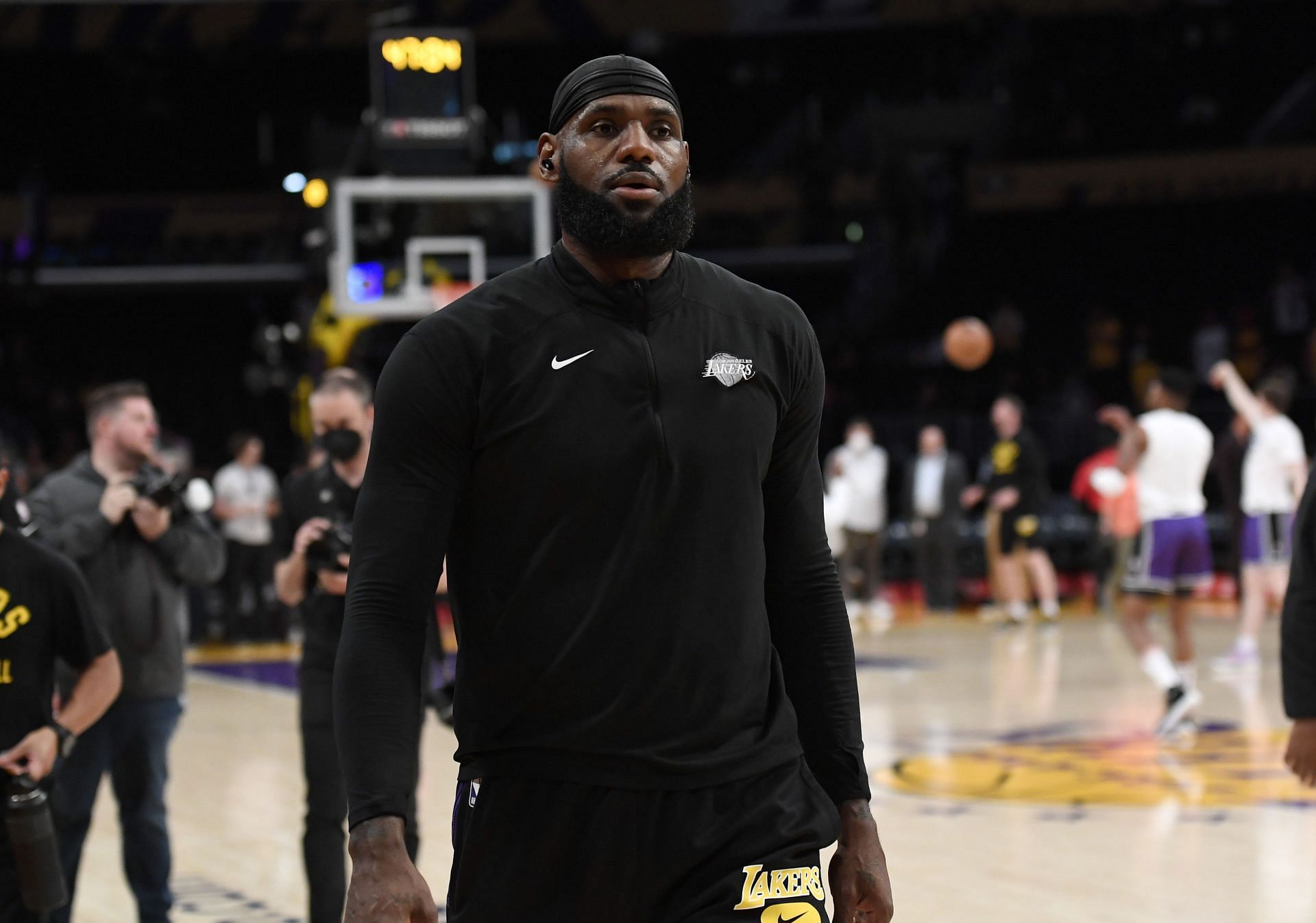 LeBron James of the LA Lakers walks off the court after warming up