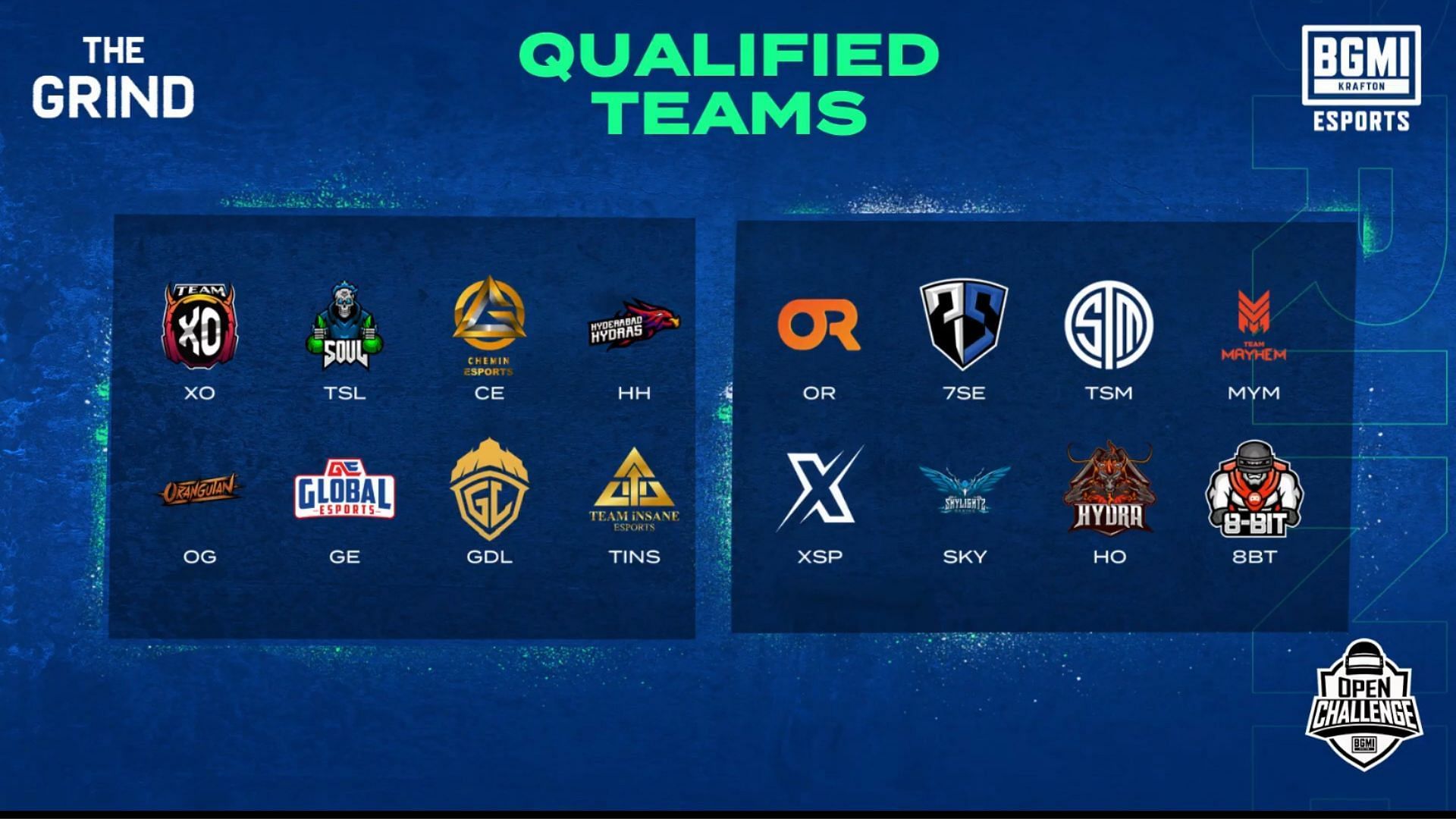 The top 16 teams of the BMOC The Grind Qualifiers (Image via BGMI)
