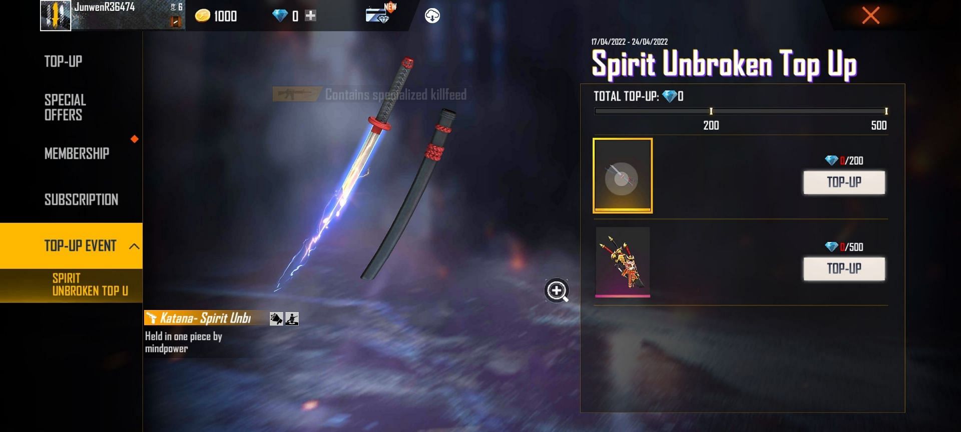 Katana &ndash; Spirit Unbroken can be redeemed if players top up 200 diamonds (Image via Garena)