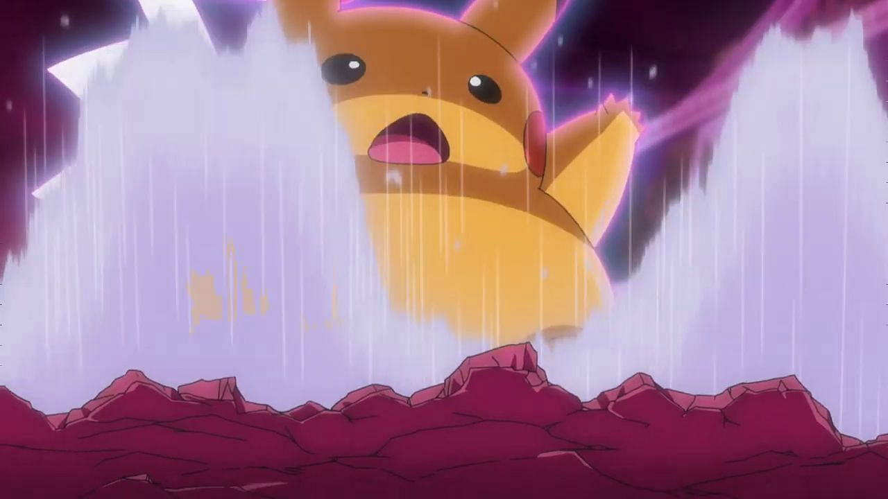 Pikachu being attacked by G-Max Stonesurge in the anime (Image via The Pokemon Company)