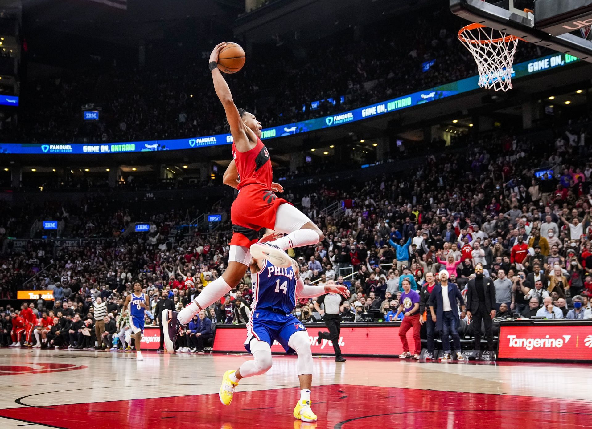 Scottie Barnes #4 of the Toronto Raptors goes up for a slam dunk against the Philadelphia 76ers