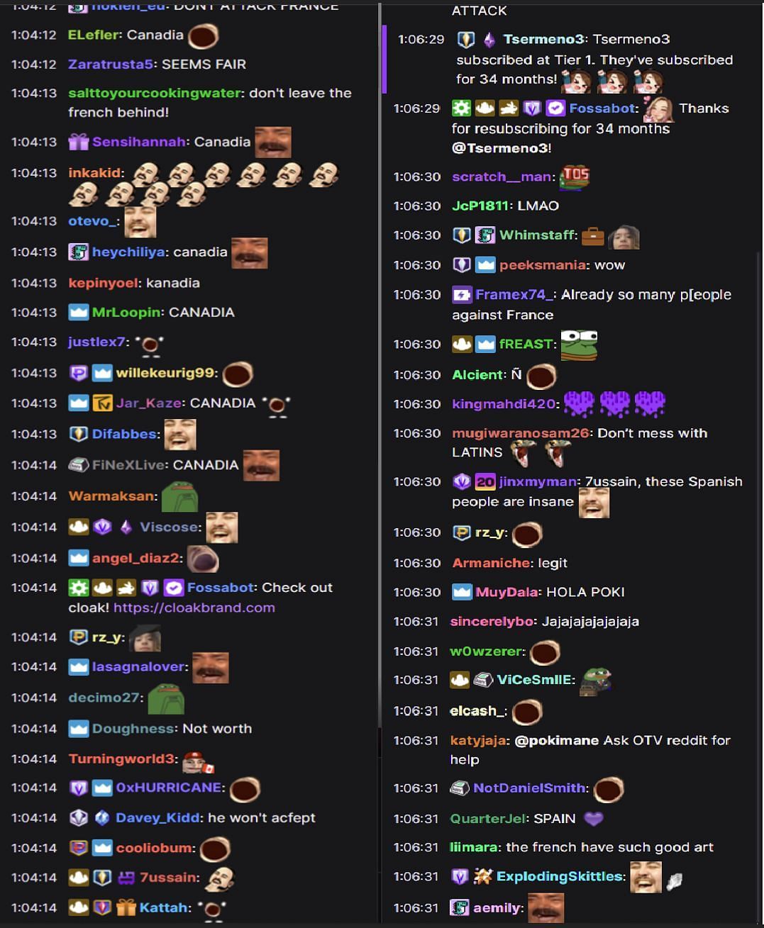 Fans reacting to the streamer&#039;s conversation (Image via Pokimane/Twitch chat)