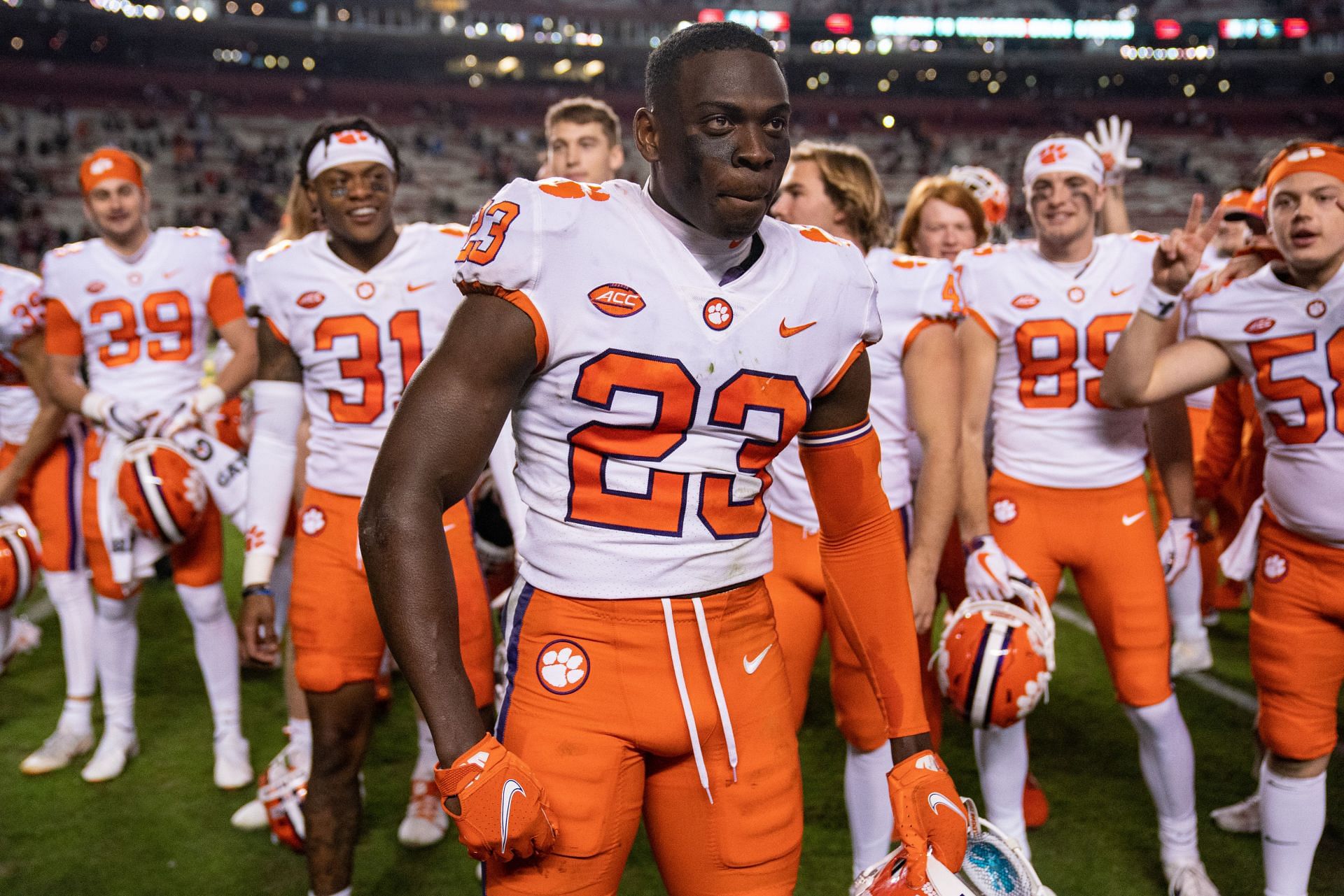 Cornerback Andrew Booth Jr. #23 of the Clemson Tigers celebrates after defeating the South Carolina Gamecocks 30-0 after their game at Williams-Brice Stadium on November 27, 2021 in Columbia, South Carolina.