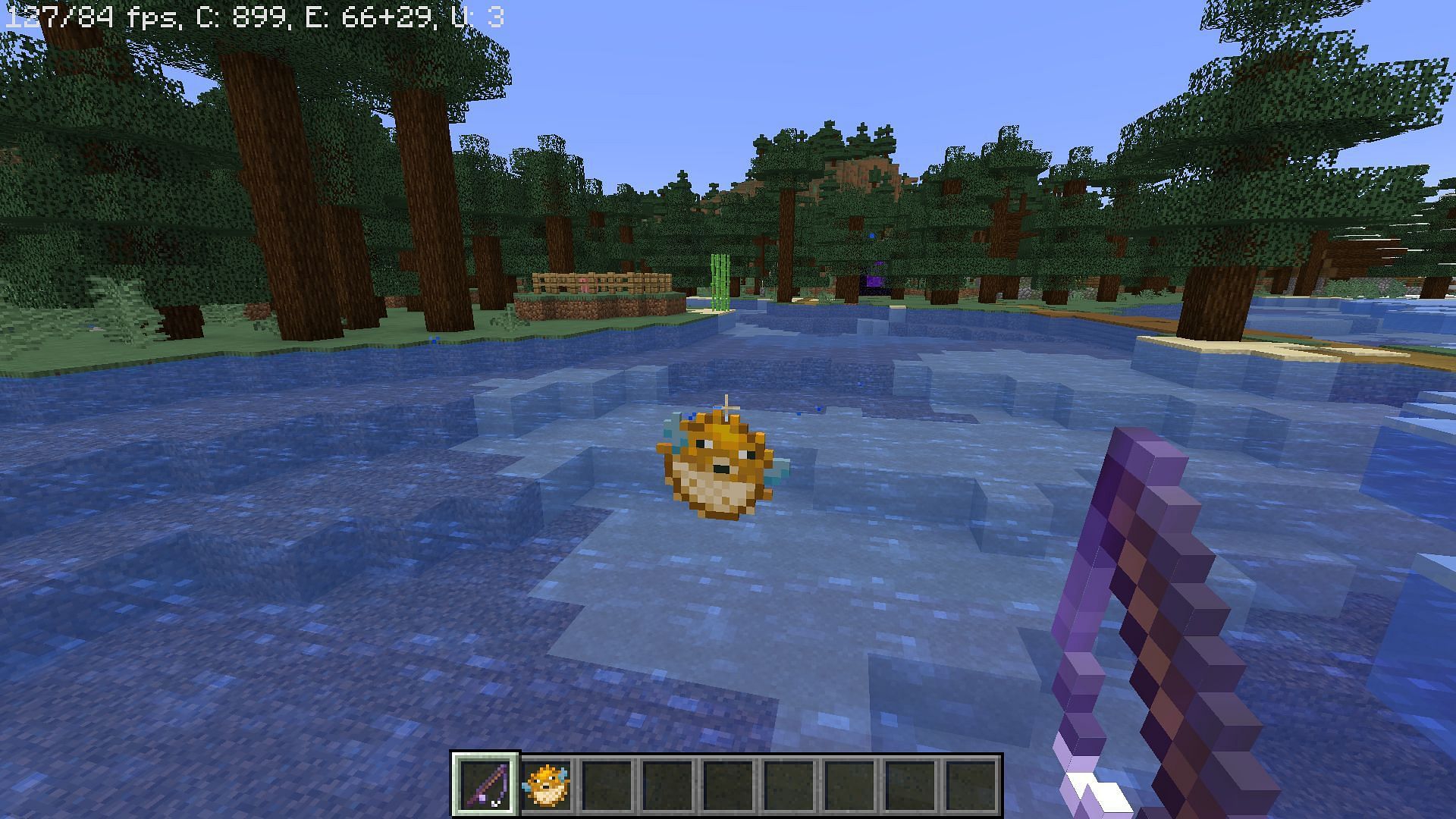 A pufferfish caught with an enchanted fishing rod (Image via Minecraft)