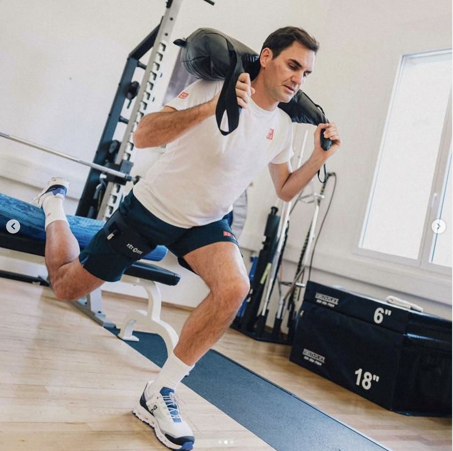 Roger Federer is hard at training at a gym