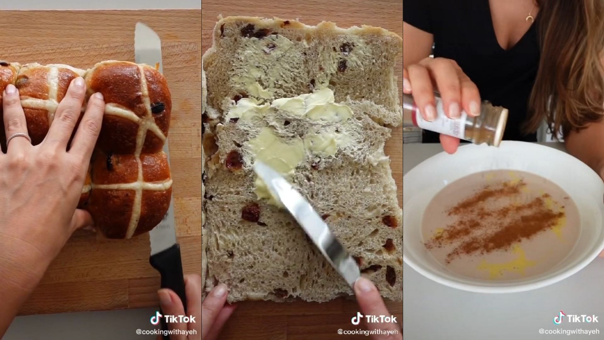 Soak your buttered hot cross buns in a custard mixture as shown (Images via cookingwithayeh/TikTok)