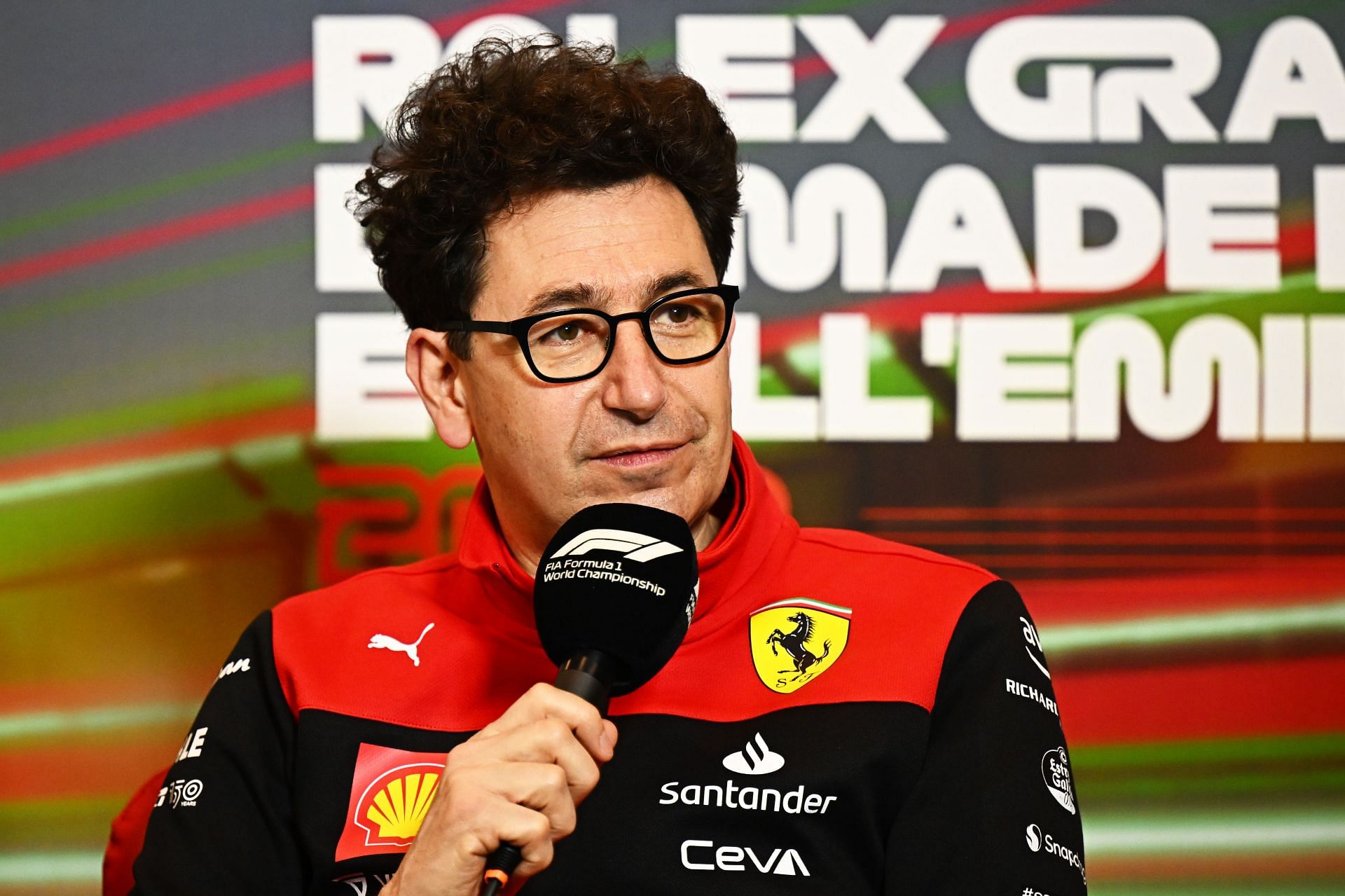 Scuderia Ferrari Team Principal Mattia Binotto talks in the Team Principals Press Conference before practice ahead of the F1 Grand Prix of Emilia Romagna at Autodromo Enzo e Dino Ferrari on April 23, 2022, in Imola, Italy. (Photo by Clive Mason/Getty Images)