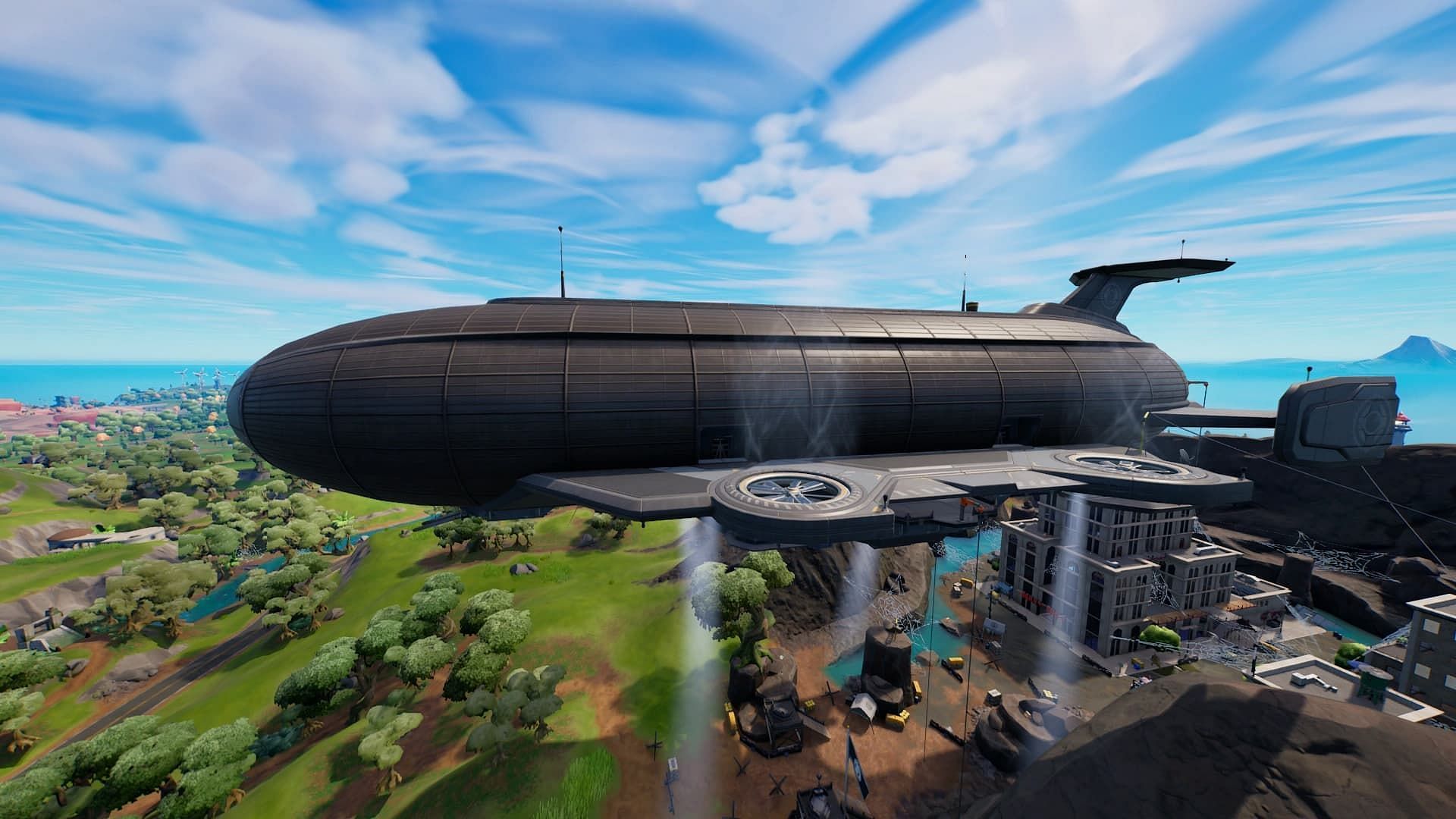 A look at one of several IO Airships or Blimps that fly above the island (Image via Epic Games)