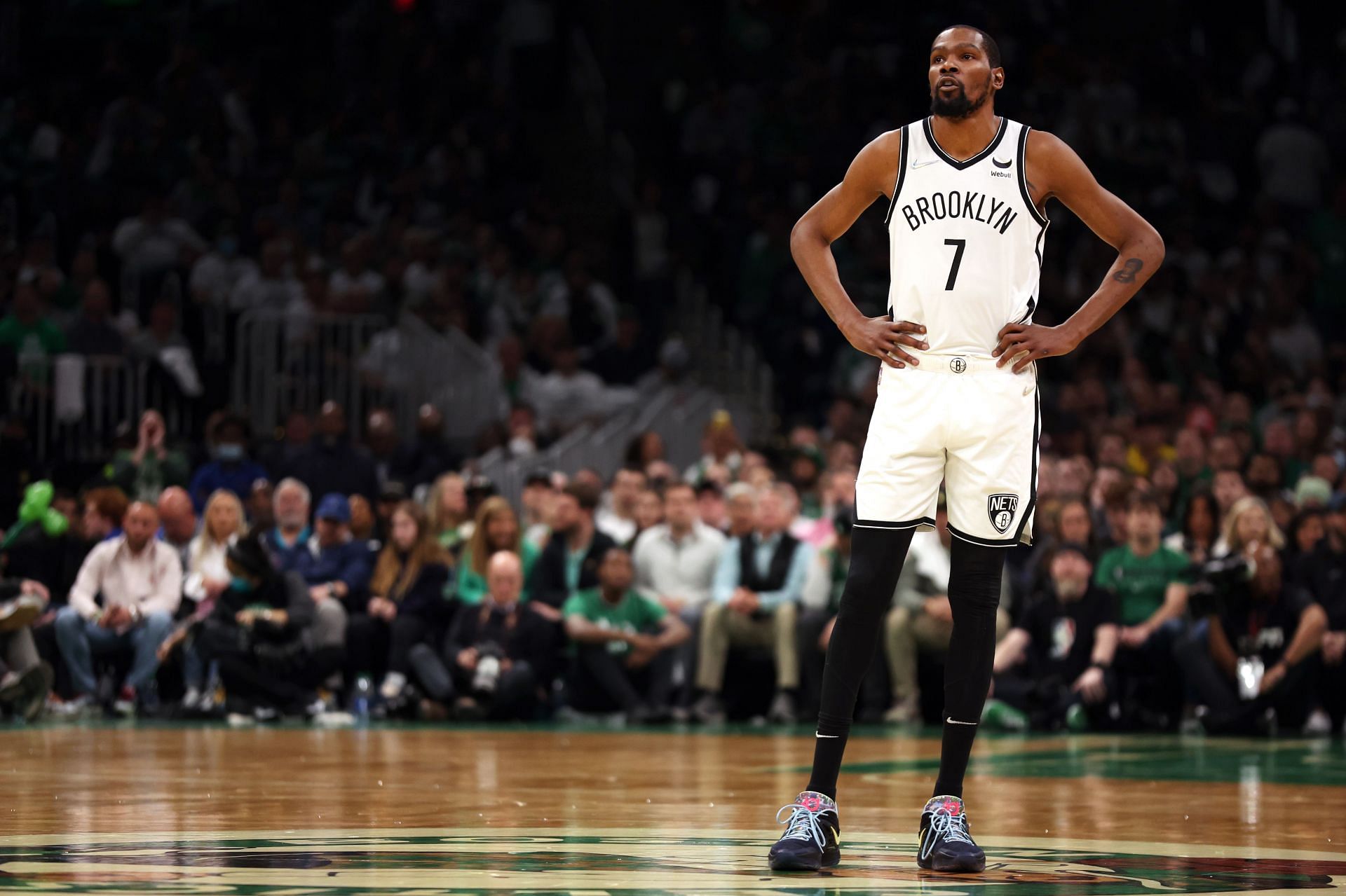 Kevin Durant looks on at the Brooklyn Nets game