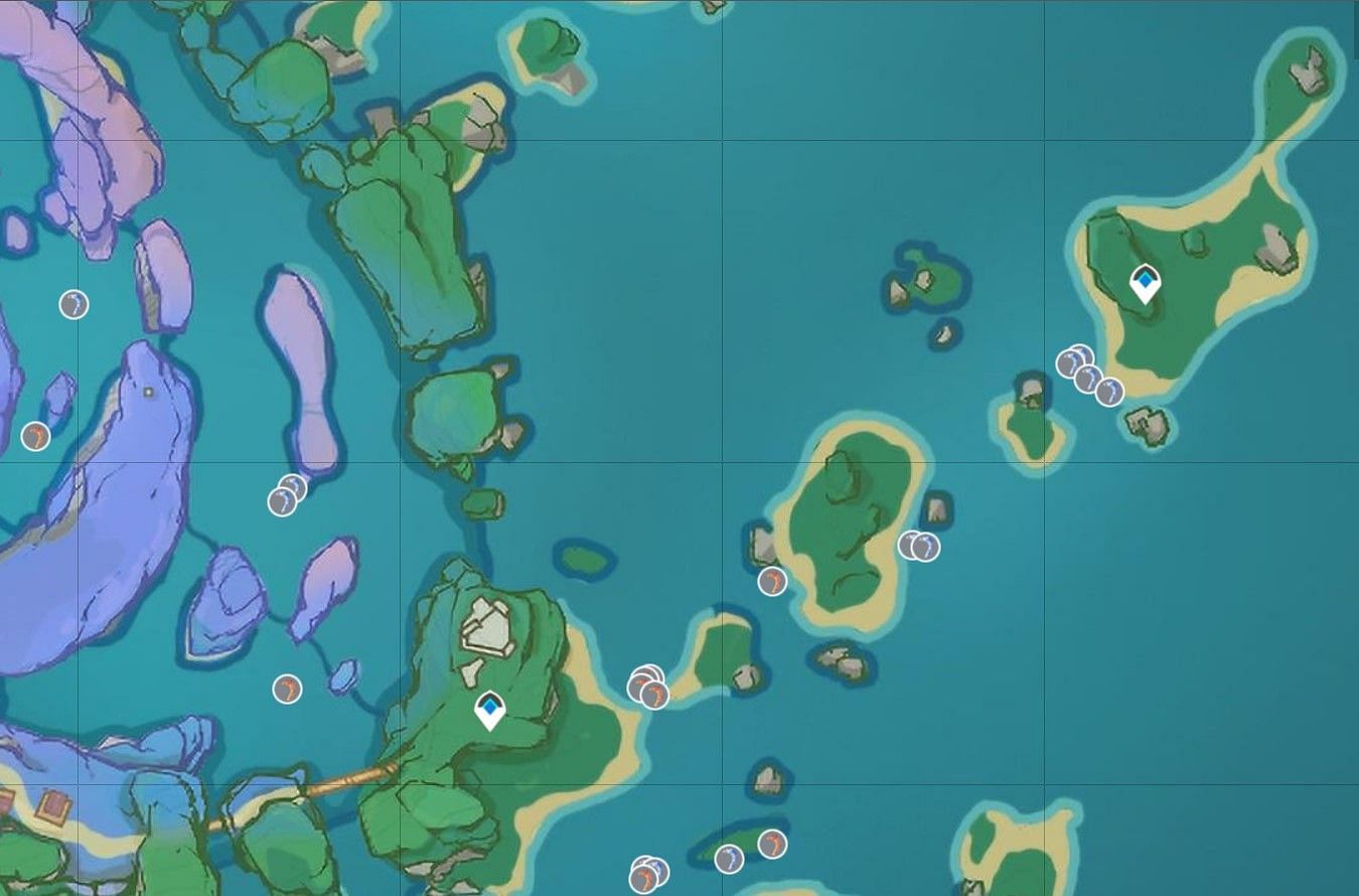 Locations for Red-Horned Unagi and Adorned Unagi in Inazuma (Image via Genshin Impact Interactive Map)