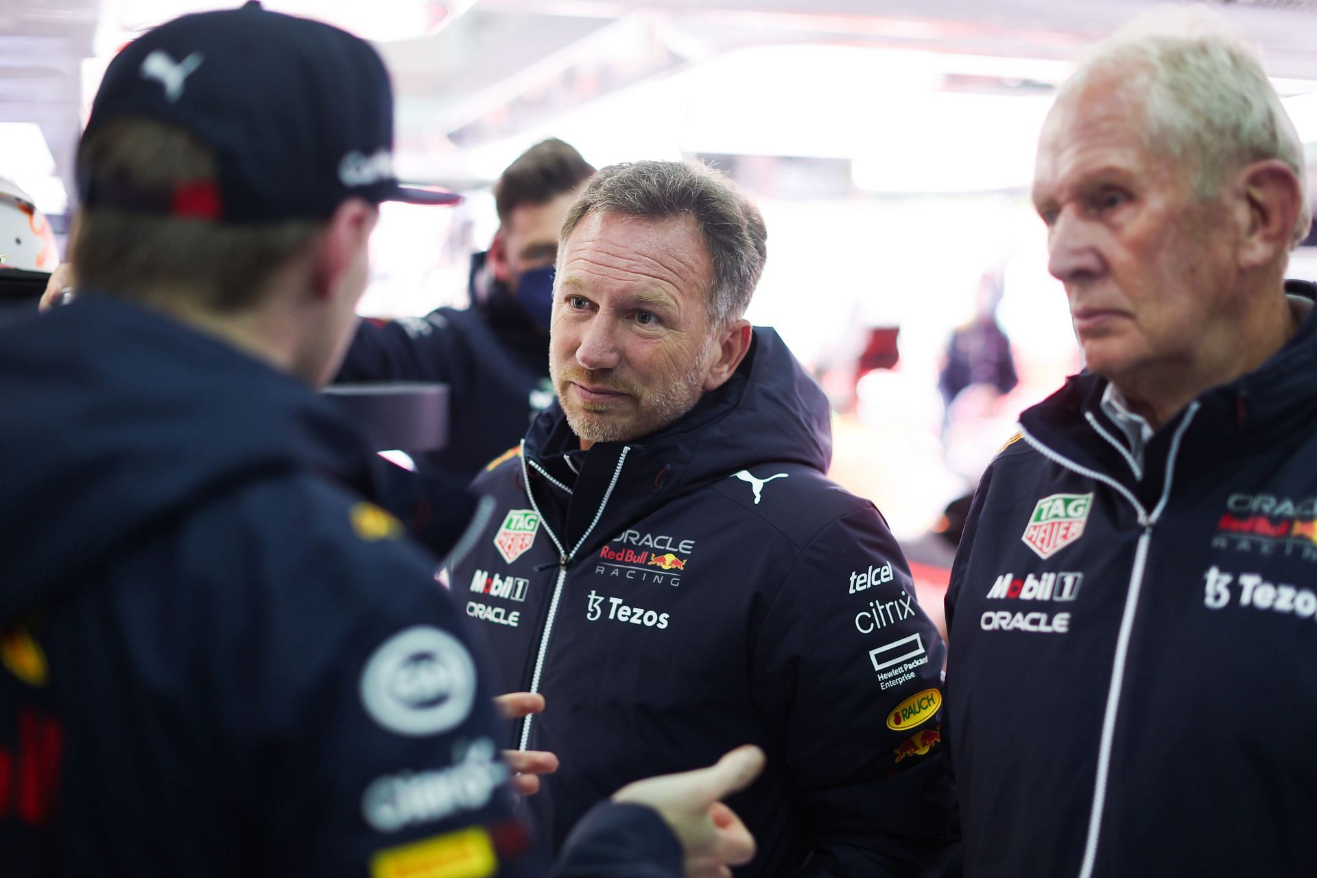 Driver Max Verstappen talks with Red Bull Racing Team Principal Christian Horner and Team Consultant Dr Helmut Marko during practice ahead of the F1 Grand Prix of Emilia Romagna at Autodromo Enzo e Dino Ferrari (Photo by Peter Fox/Getty Images)