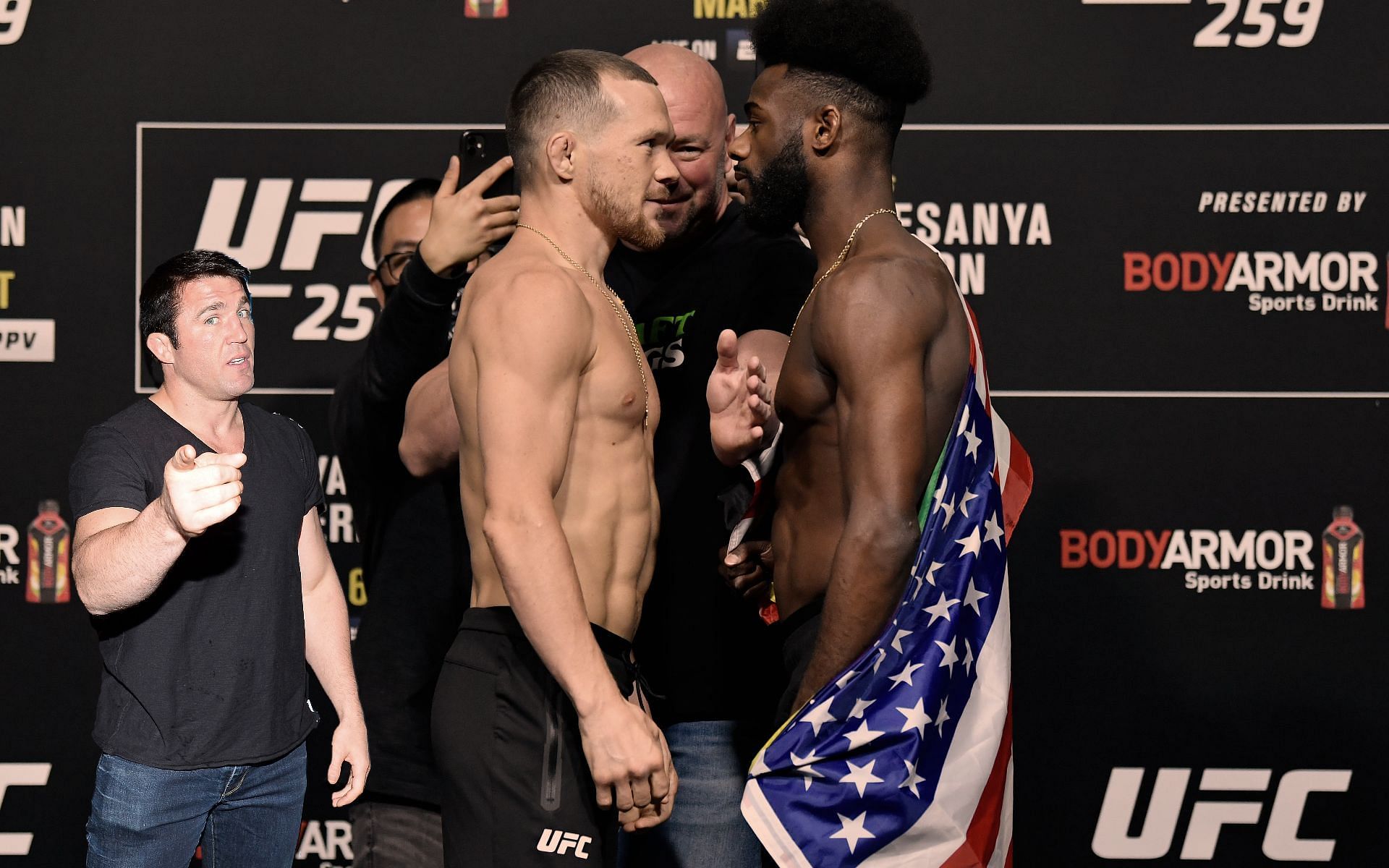 Chael Sonnen (left), Petr Yan (center), and Aljamain Sterling (right) (Images via Getty)