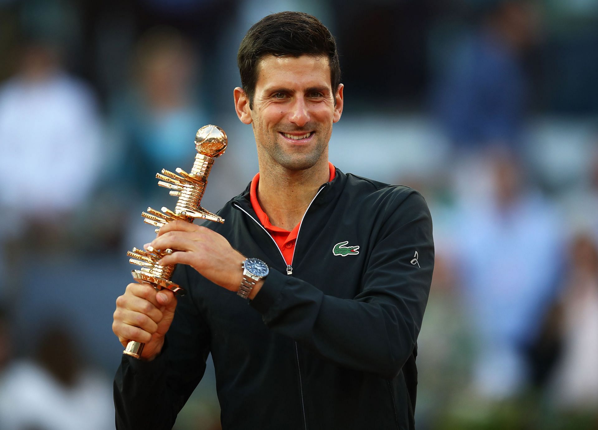 Novak Djokovic celebrates winning the 2019 Mutua Madrid Open