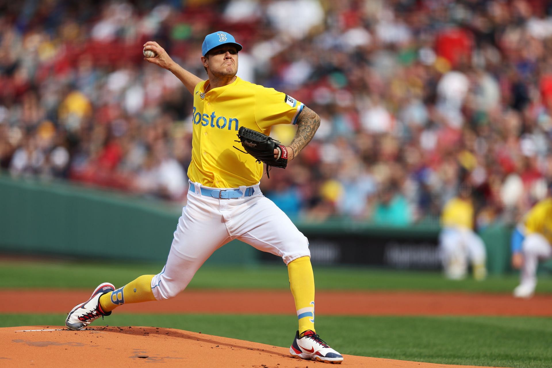 Tanner on the mound in a very unique Boston uniform.