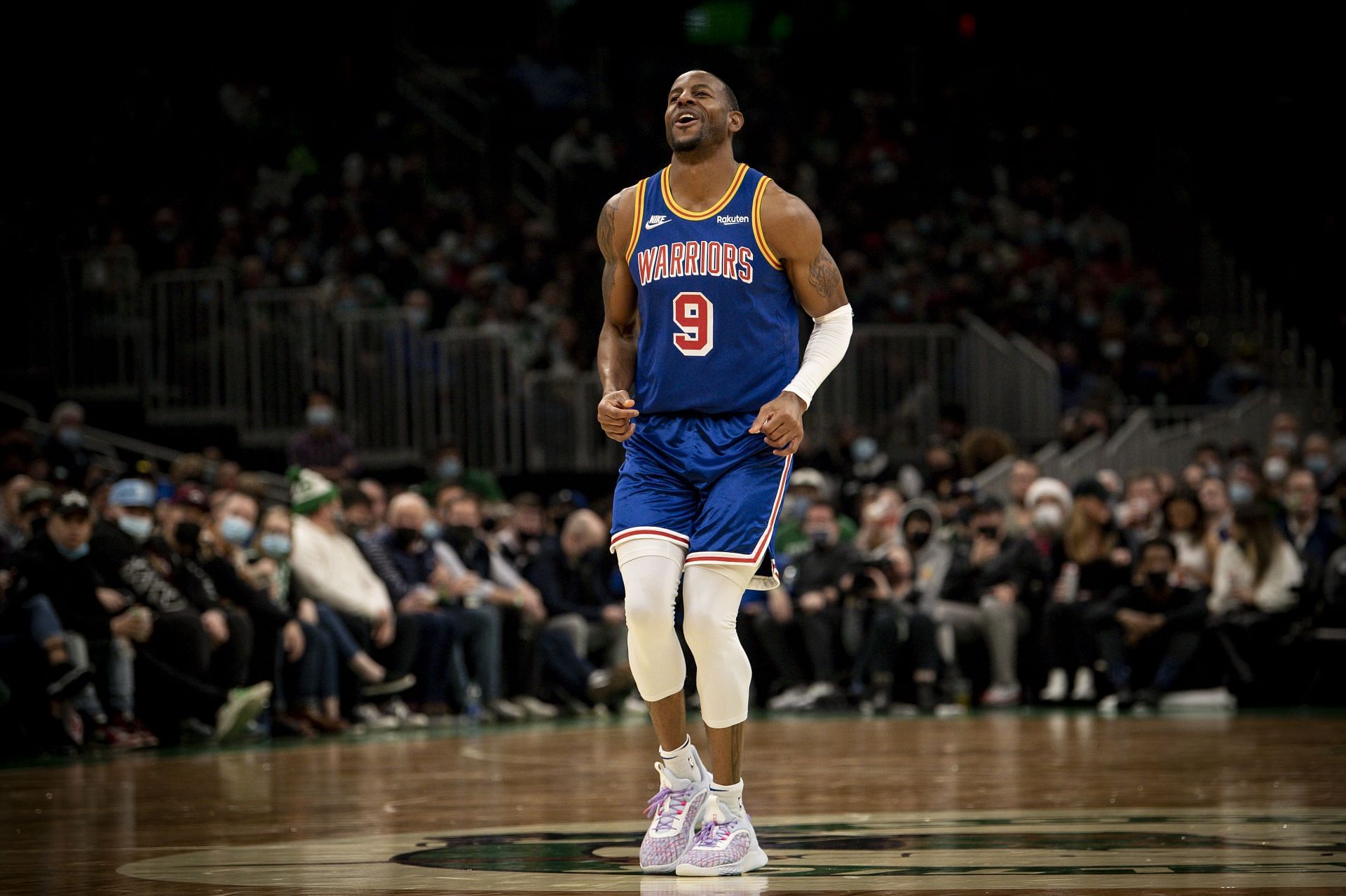 Andre Iguodala of the Golden State Warriors reacts during the first half of a game against the Boston Celtics on Dec. 17 in Boston, Massachusetts.