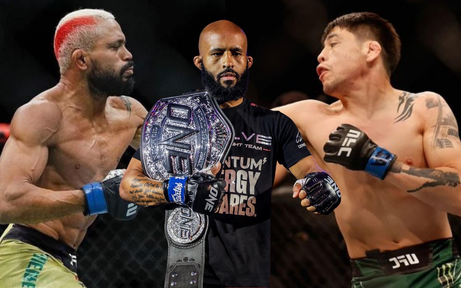 Demetrious Johnson (middle) was critical of the UFC for trying to book a fourth fight between Deiveson Figueiredo (left) and Brandon Moreno (right). (Images courtesy: Getty Images, ONE Championship)