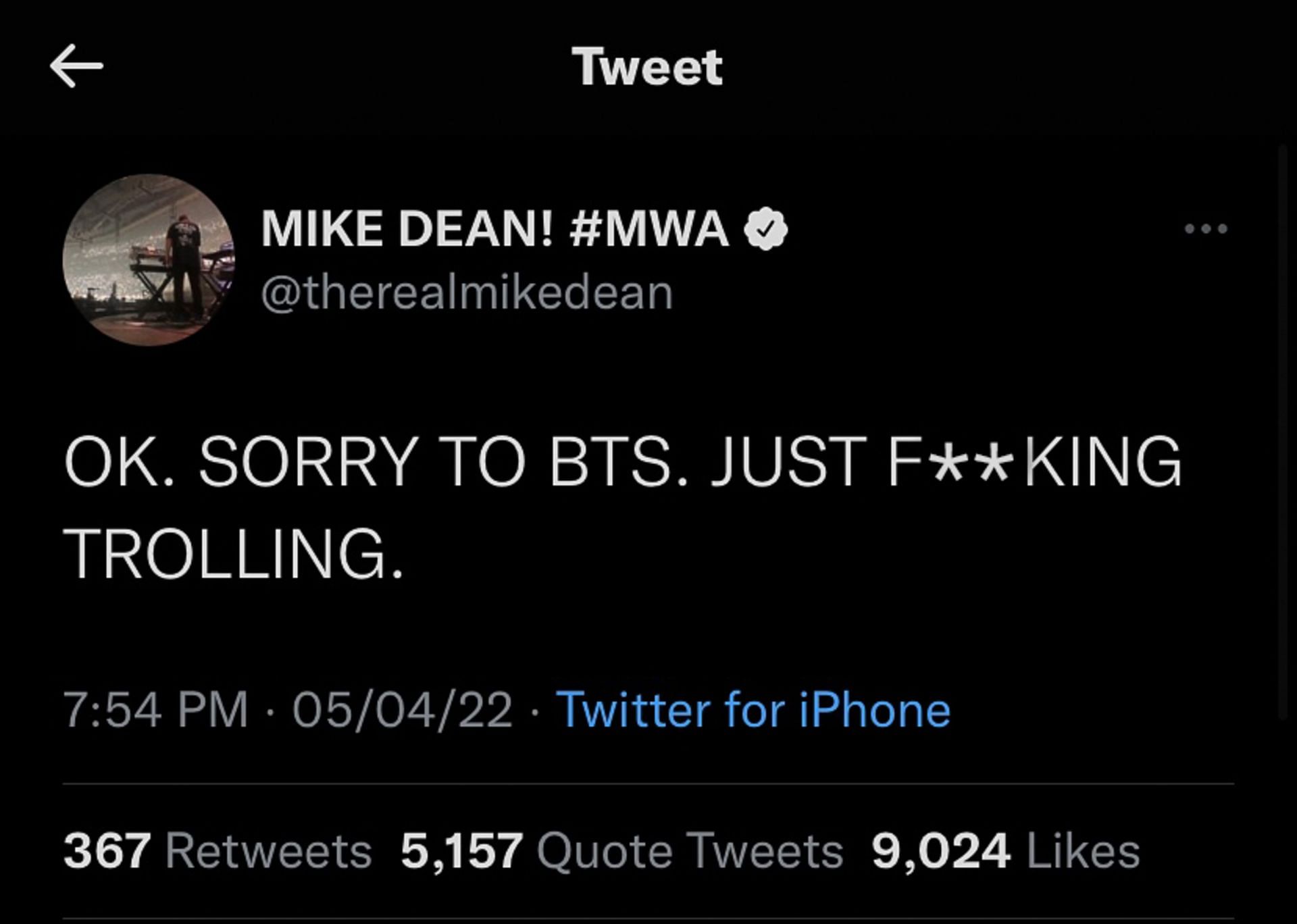 Mike apologizing to BTS in his tweets (Image via @therealmikedeam/Twitter)