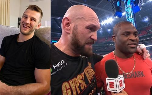 Dan Hooker (Left) (via @danhangman on Instagram), Tyson Fury and Francis Ngannou (Right) (via @MichaelBensonn on Twitter)