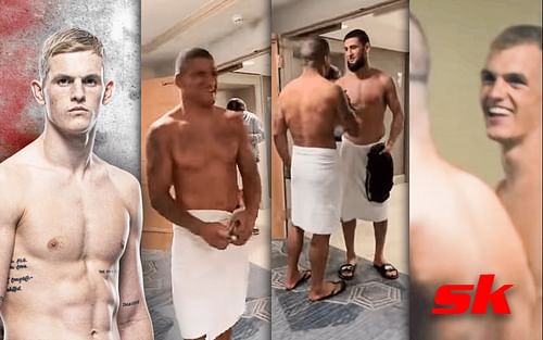 Ian Garry (far left and right) detailed the interaction between Gilbert Burns and Khamzat Chimaev (center) [Images via @ufc and @blockasset on Instagram]