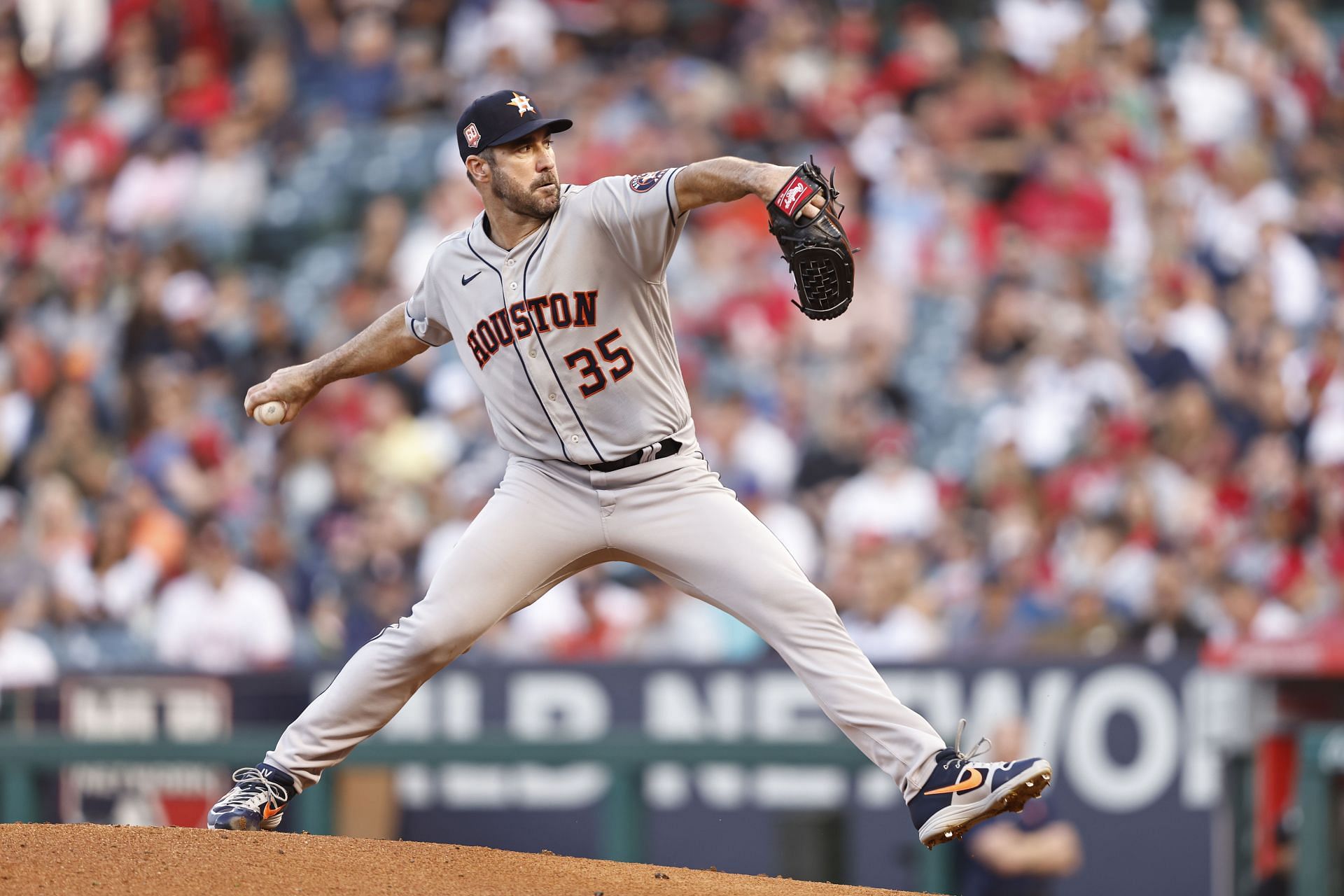 Justin Verlander pitches during a Astros v Los Angeles Angels game