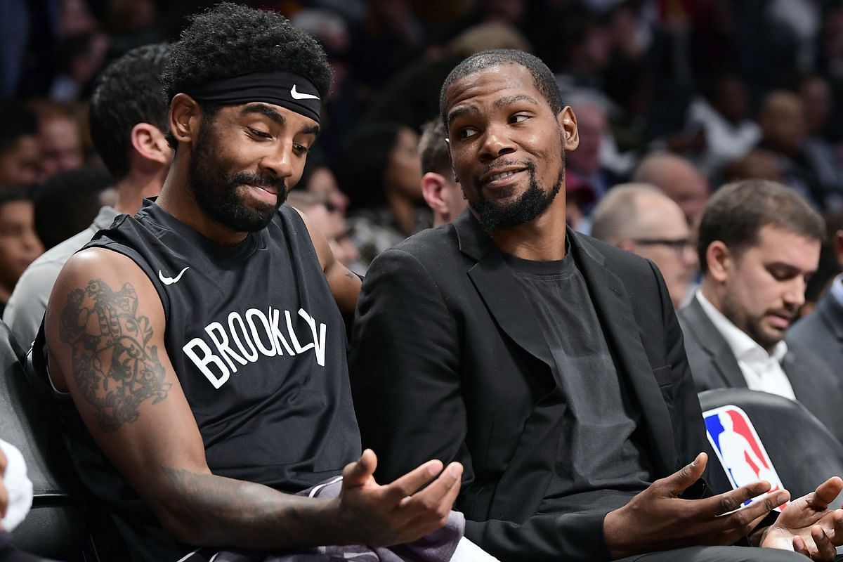 Kevin Durant and Kyrie Irving during a Nets game