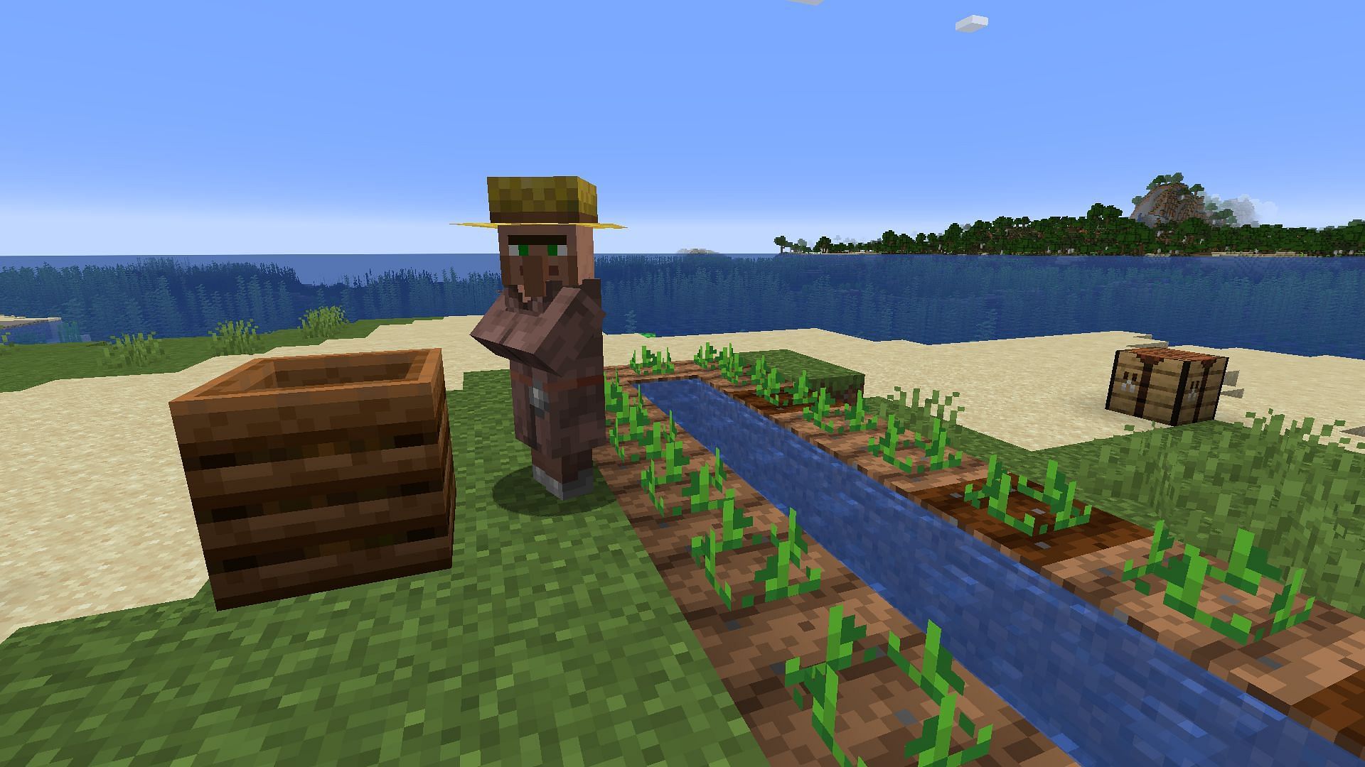 A farmer villager near a small potato farm. (Image via Minecraft)