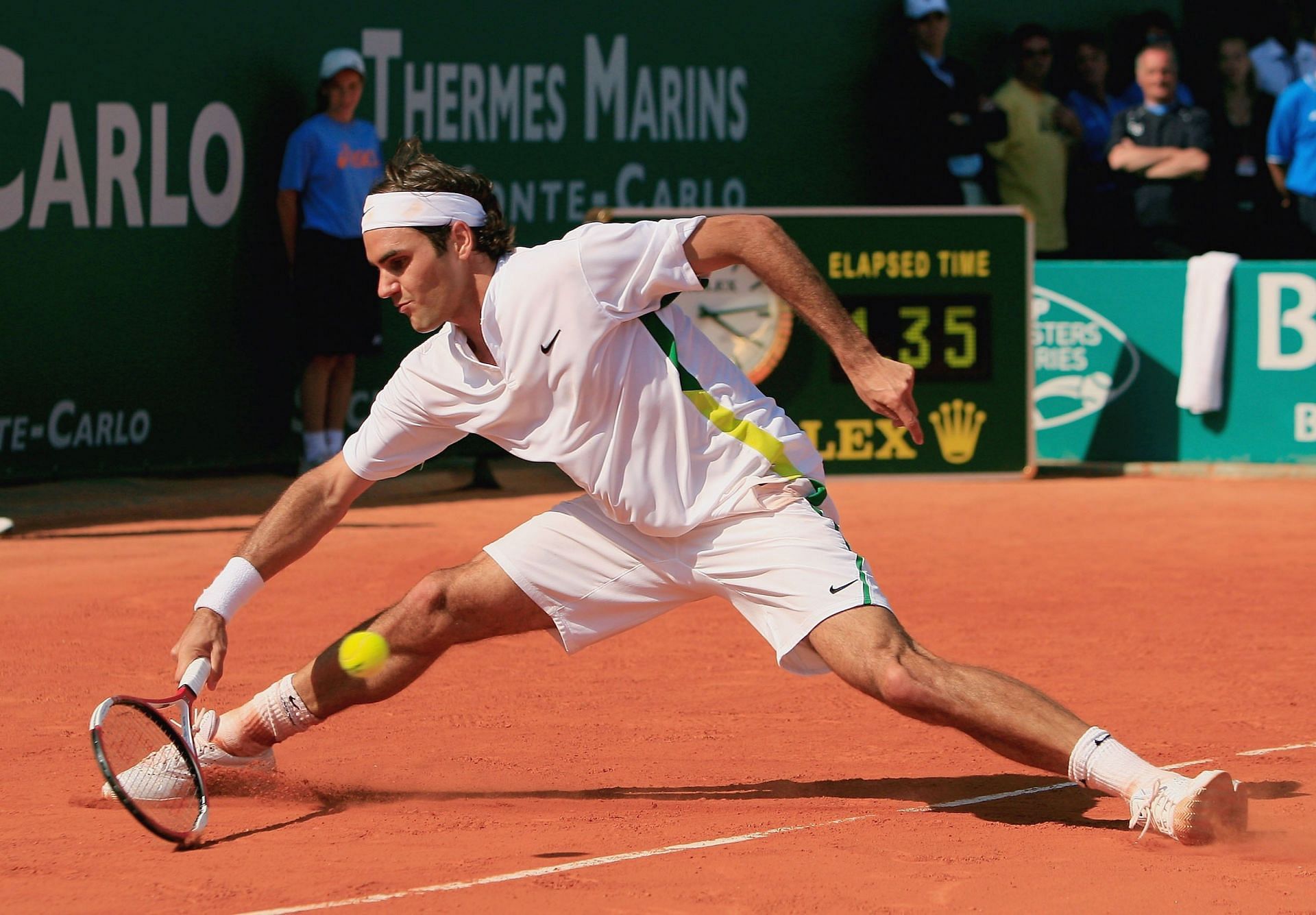 Federer in action against Rafael Nadal in a battle of the Titans in Monte-Carlo