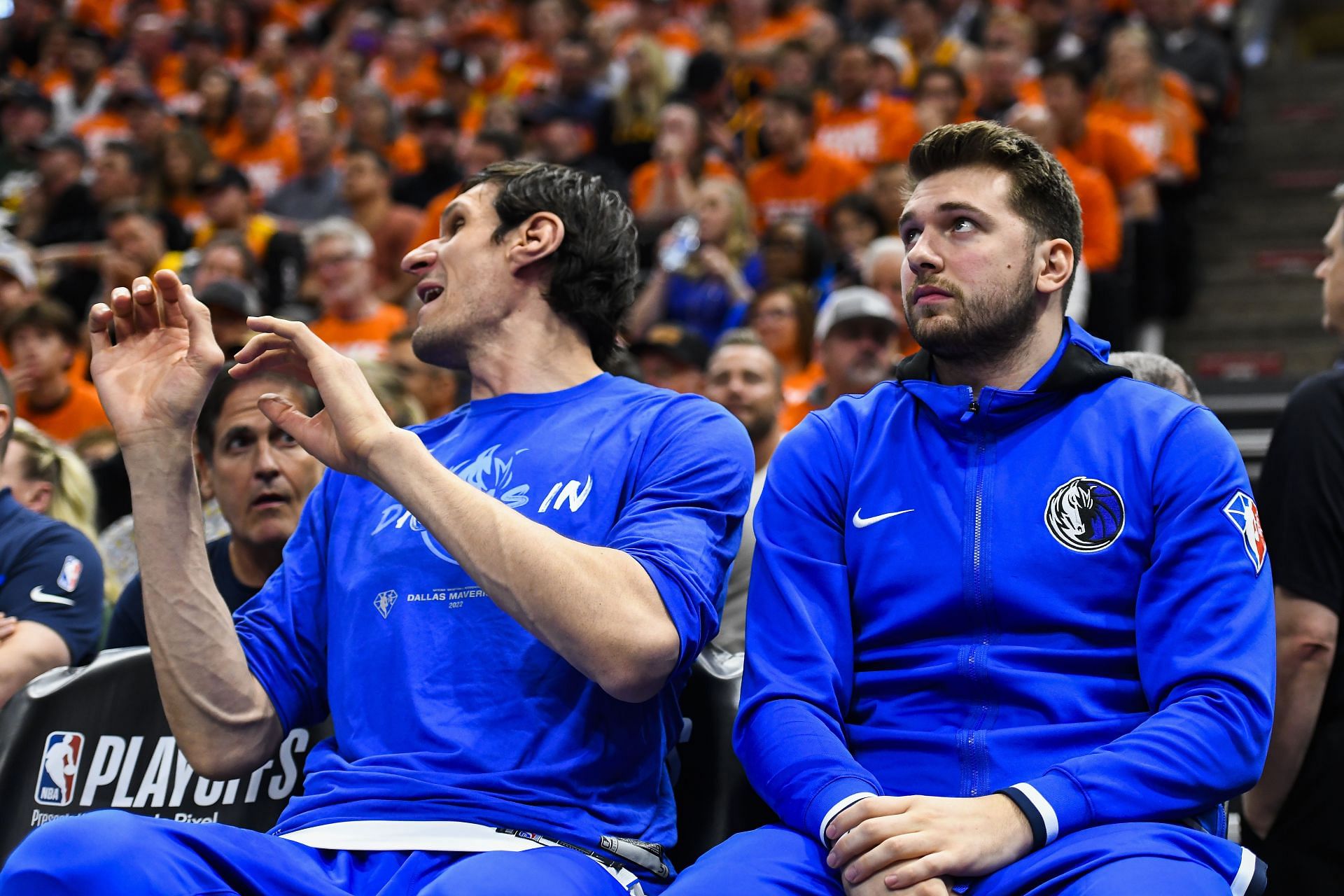 Luka Doncic of the Mavericks on the bench