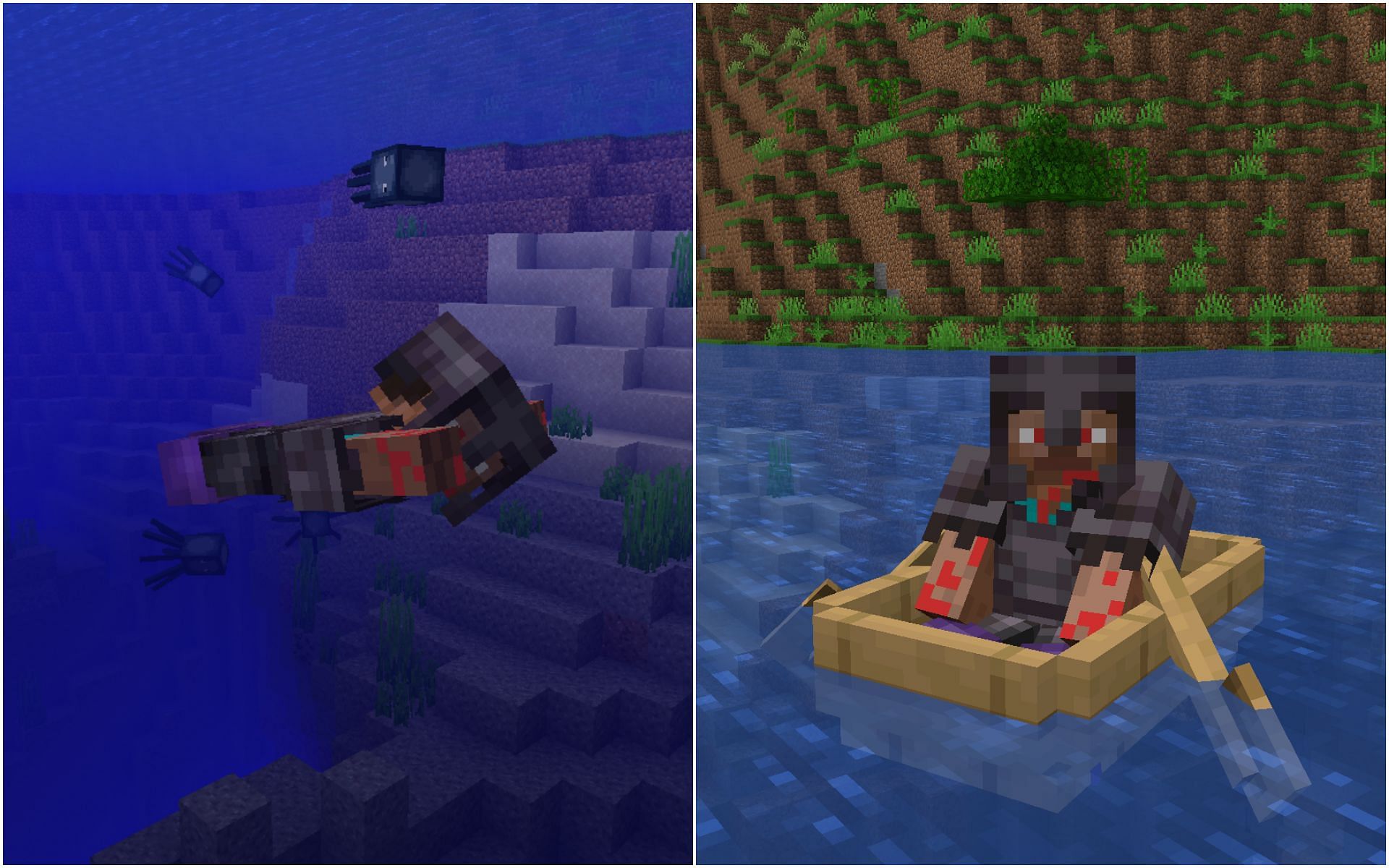 Depth Strider boots vs Boat (Image via Minecraft)