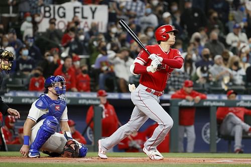 Shohei Ohtani batting for the Los Angeles Angels last year