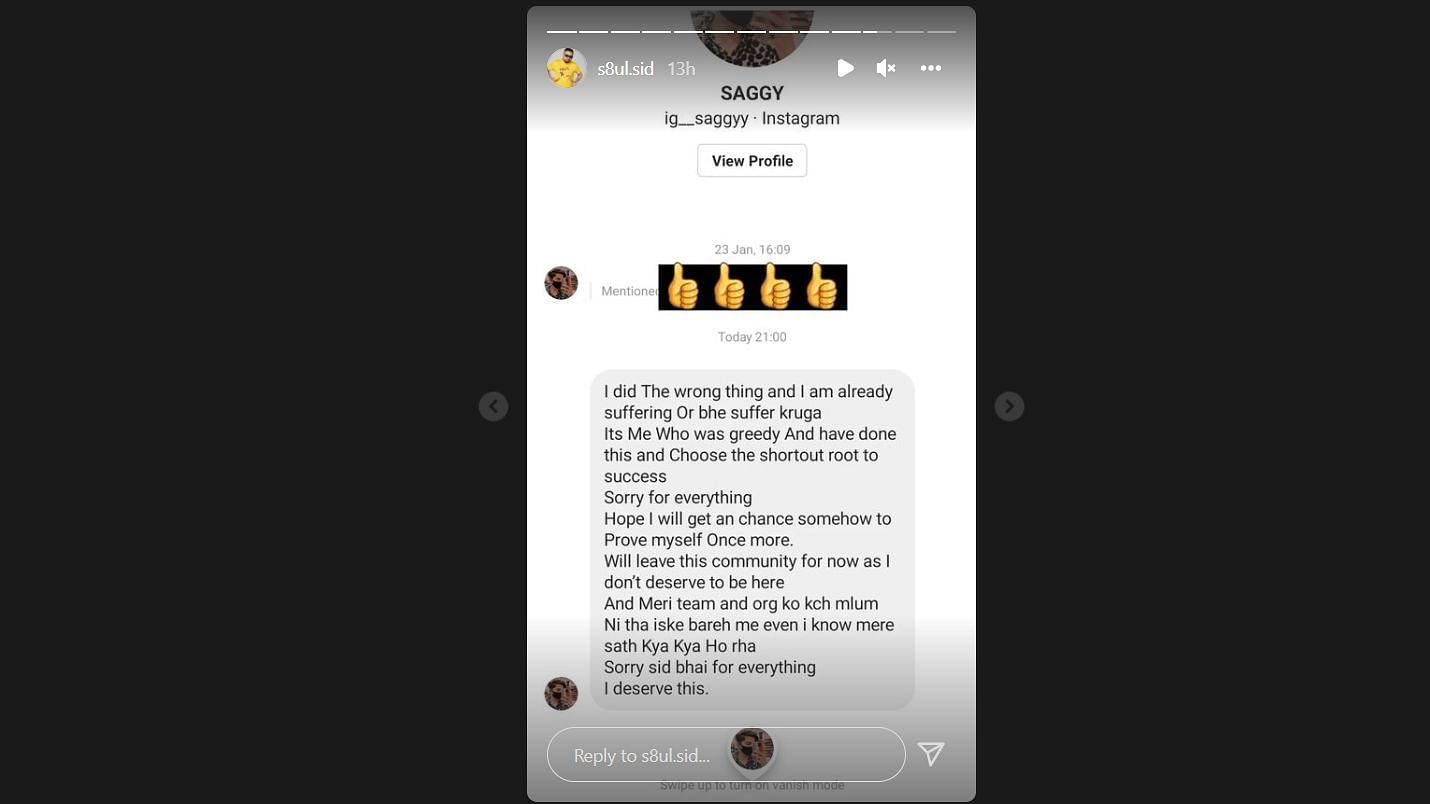 S8UL Sid&#039;s Instagram Story shows Saggy accepting the fact that he was hacking