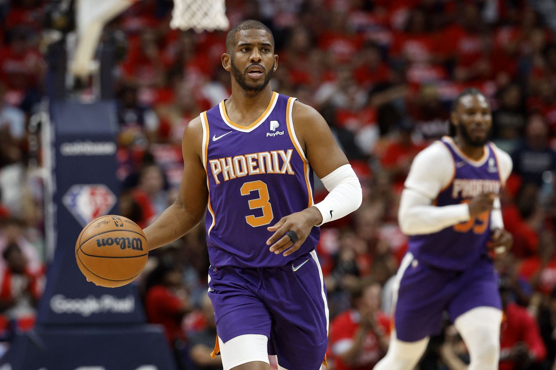 Chris Paul of the Phoenix Suns drives against the New Orleans Pelicans at Smoothie King Center on Thursday in New Orleans, Louisiana.