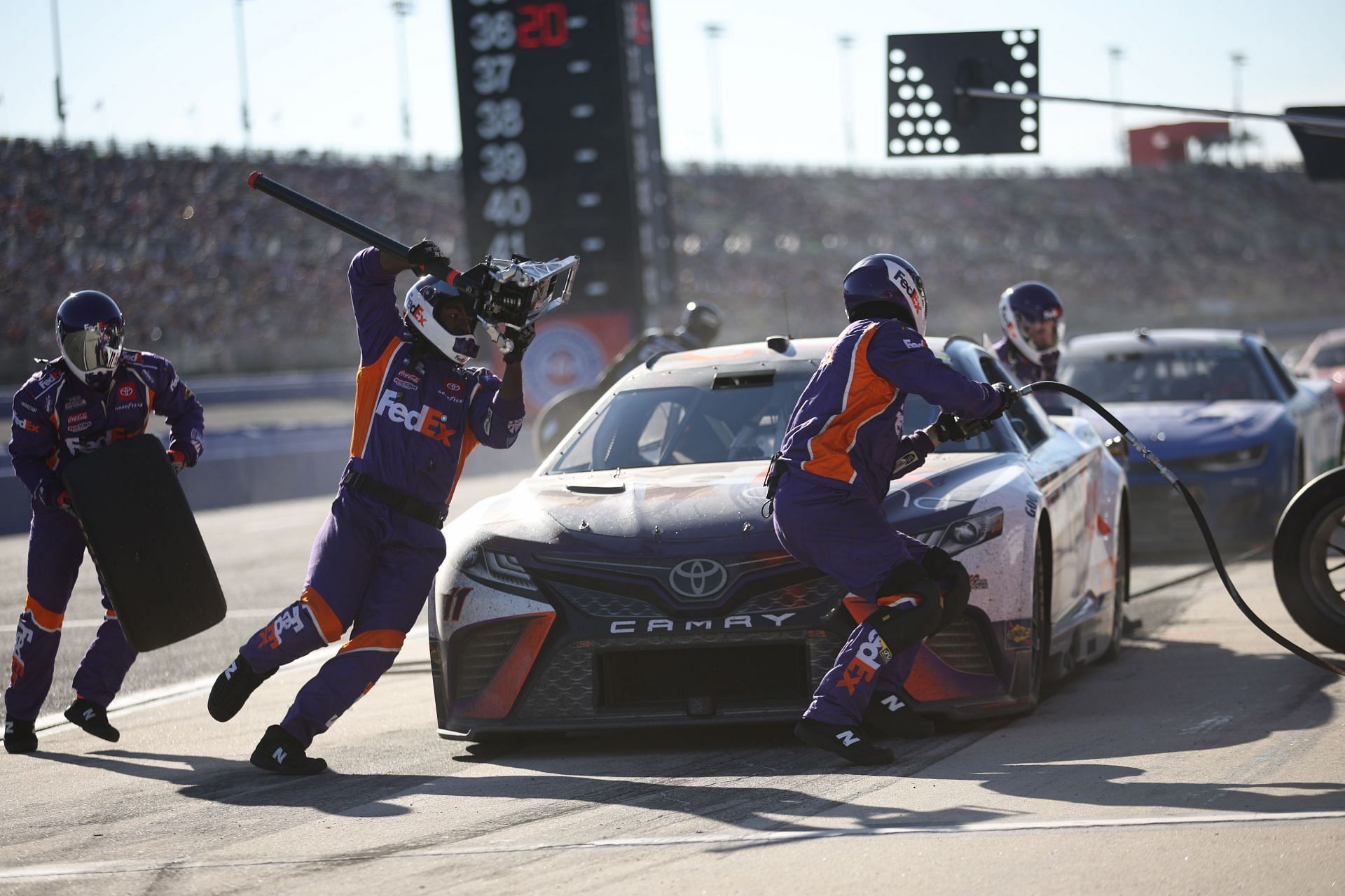 Denny Hamlin pits during the 2022 NASCAR Cup Series Wise Power 400 at Auto Club Speedway in Fontana, California. (Photo by James Gilbert/Getty Images)