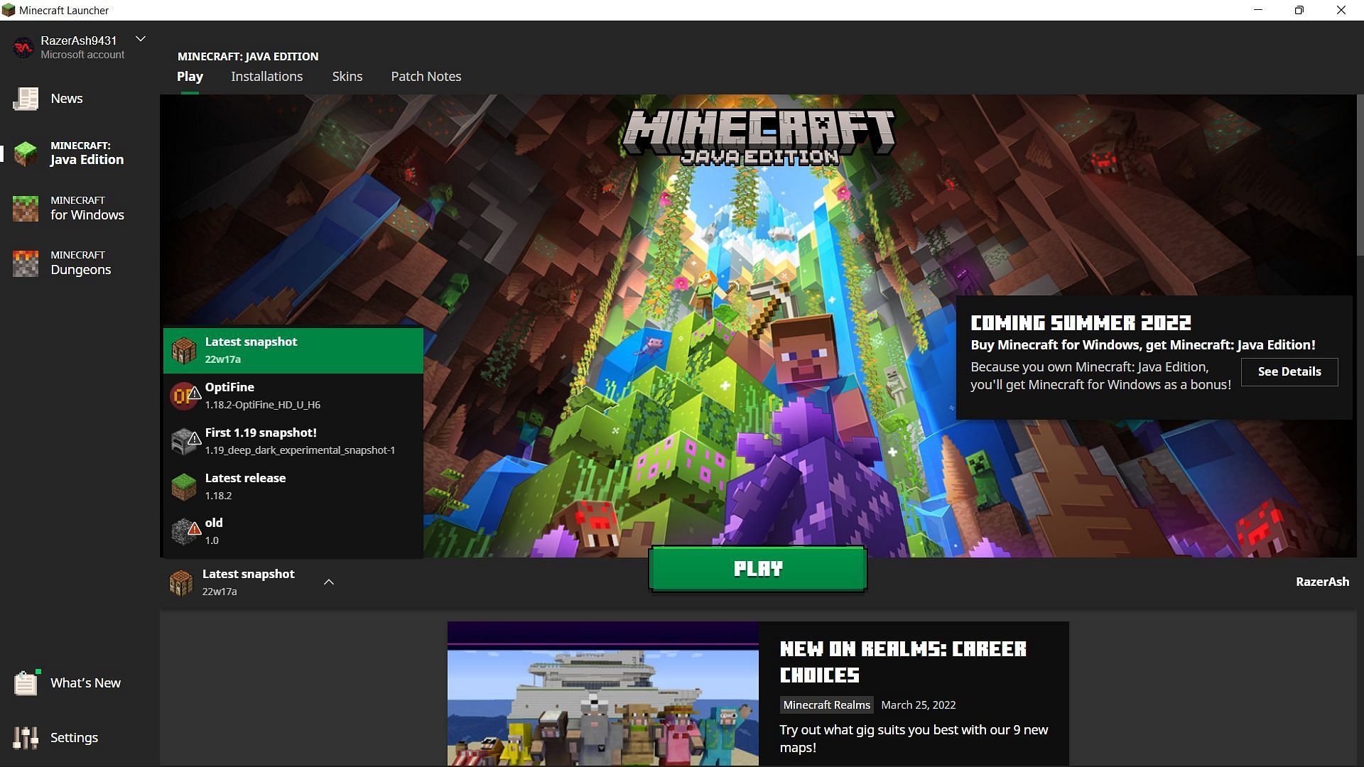 Select the latest Minecraft snapshot 22w17a (Image via Sportskeeda)