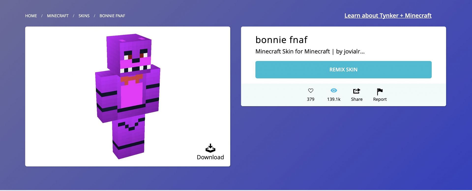 Players can play as the purple animatronic bunny from FNAF with this skin (Image via Tynker)