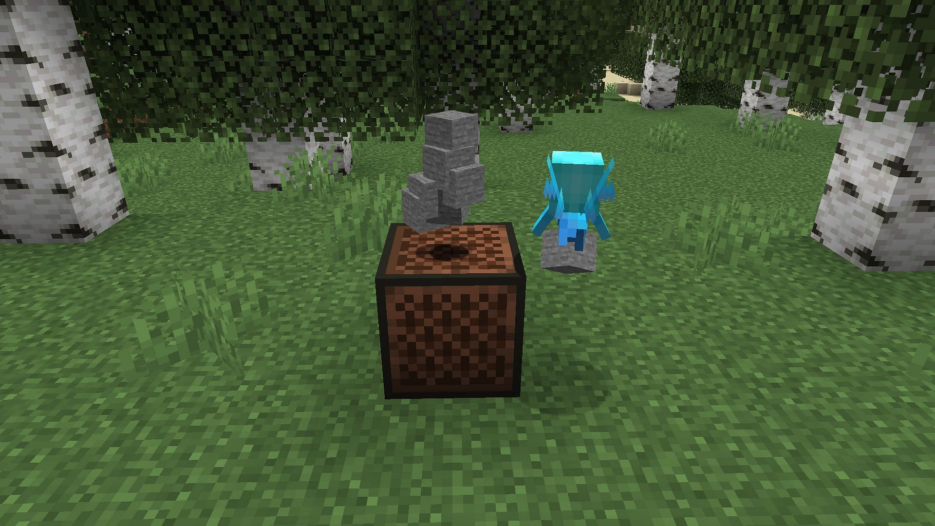 The mob throwing items near a note block (Image via Minecraft)