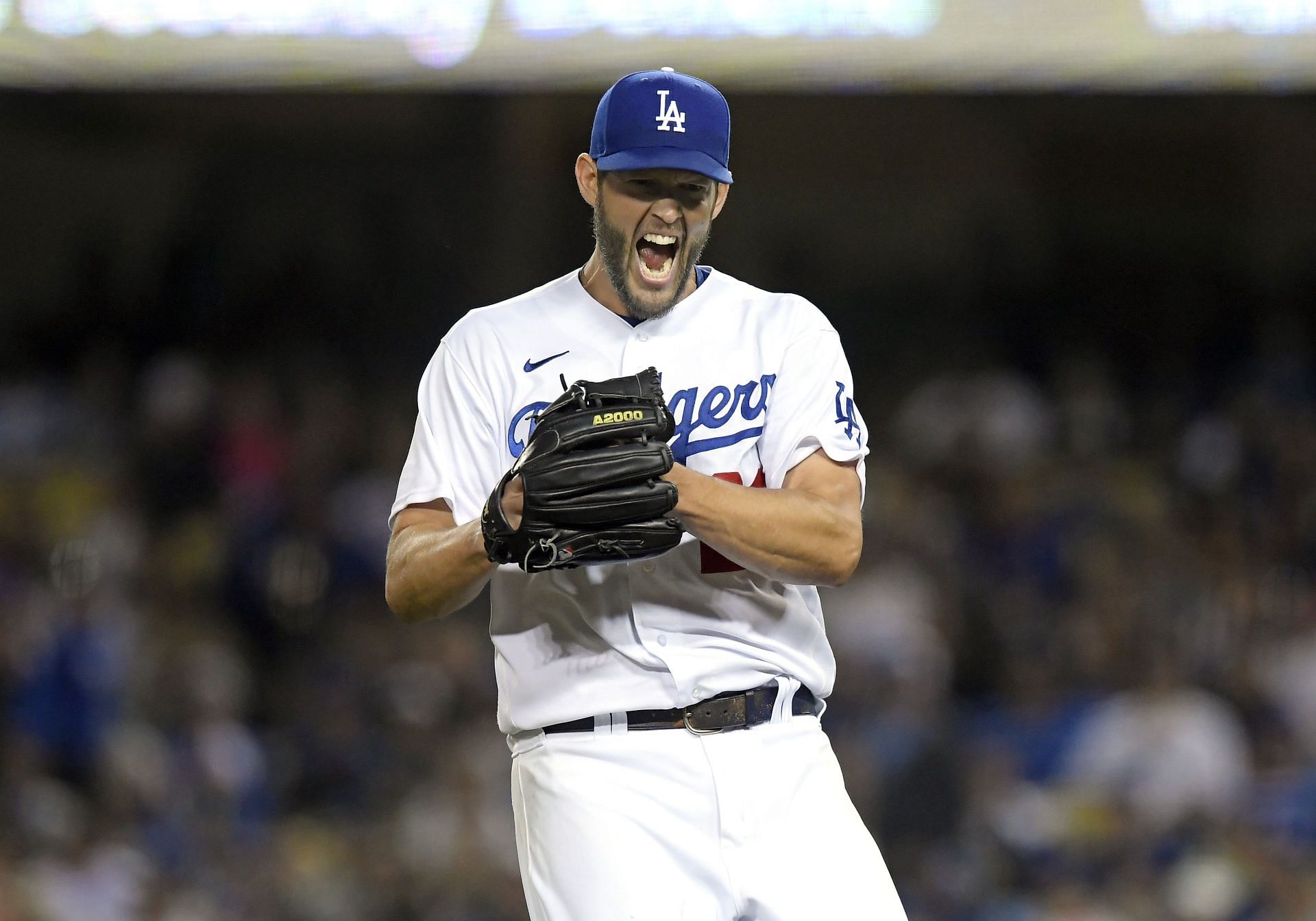 Dodgers ace Clayton Kershaw celebrates after a strikeout on April 18 against the Atlanta Braves