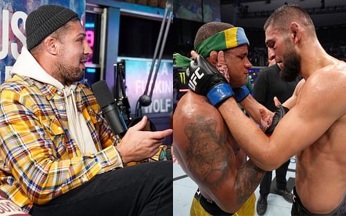 Brendan Schaub (left, image via @brendanschaub on Instagram), Gilbert Burns and Khamzat Chimaev (right, image via @UFCEurope on Twitter)