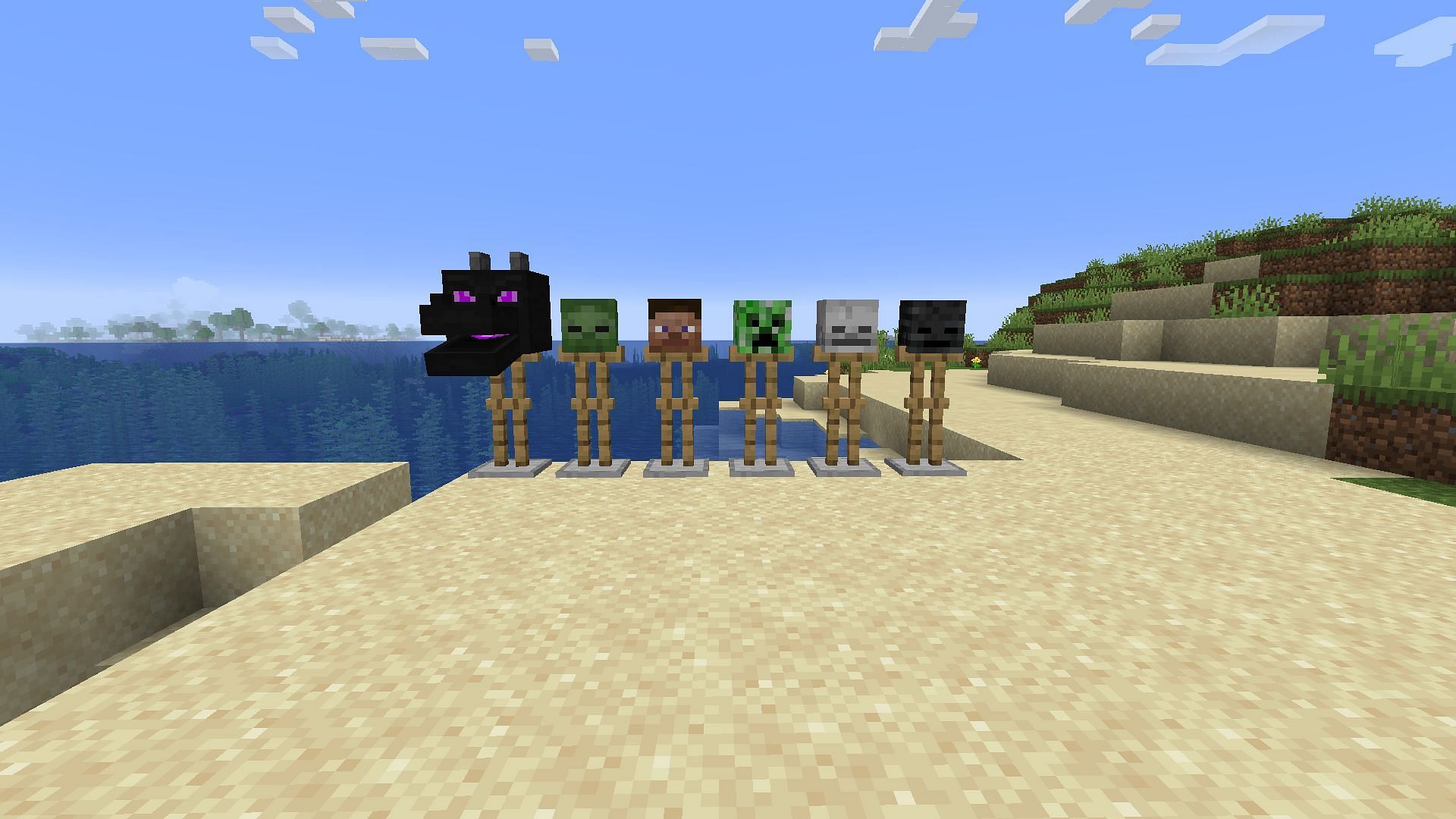 All the mob heads on armor stands (Image via Minecraft)