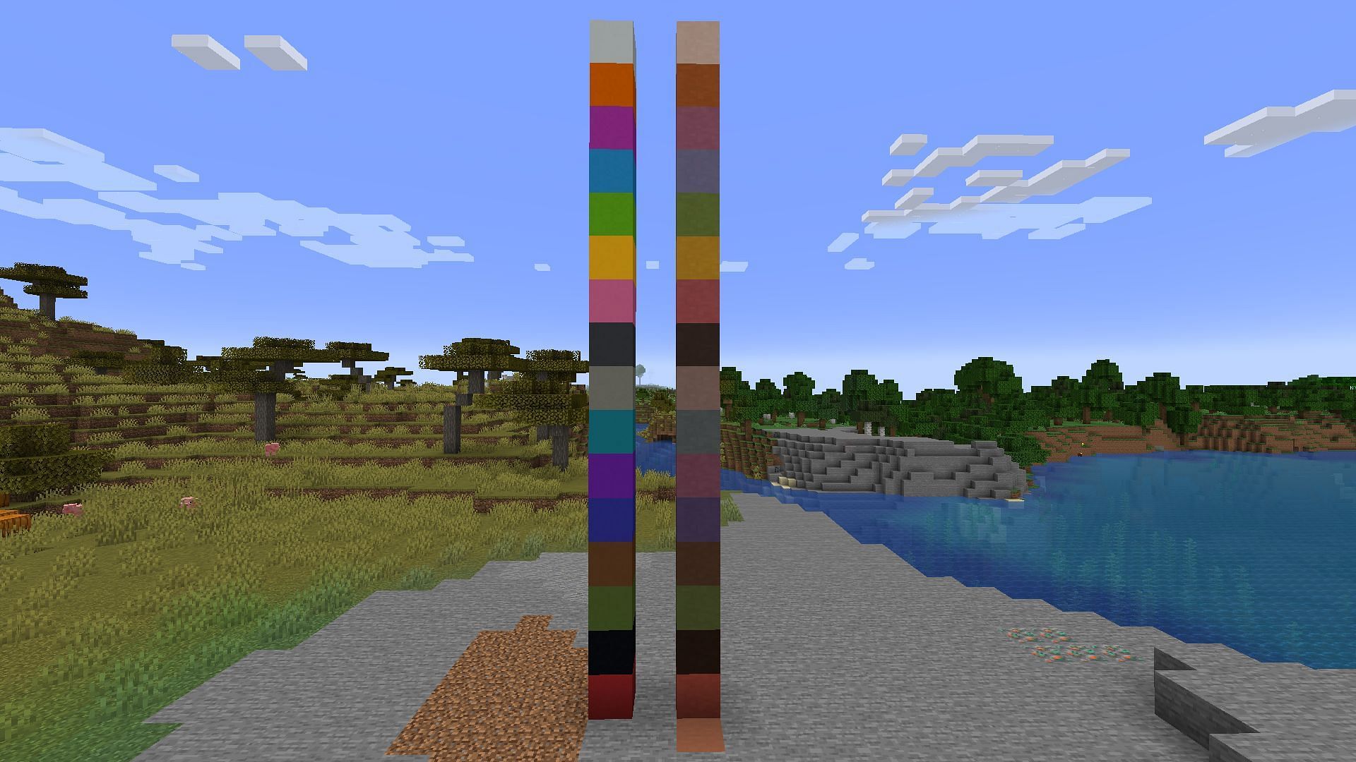 A direct color comparison between terracotta and concrete (Image via Minecraft)