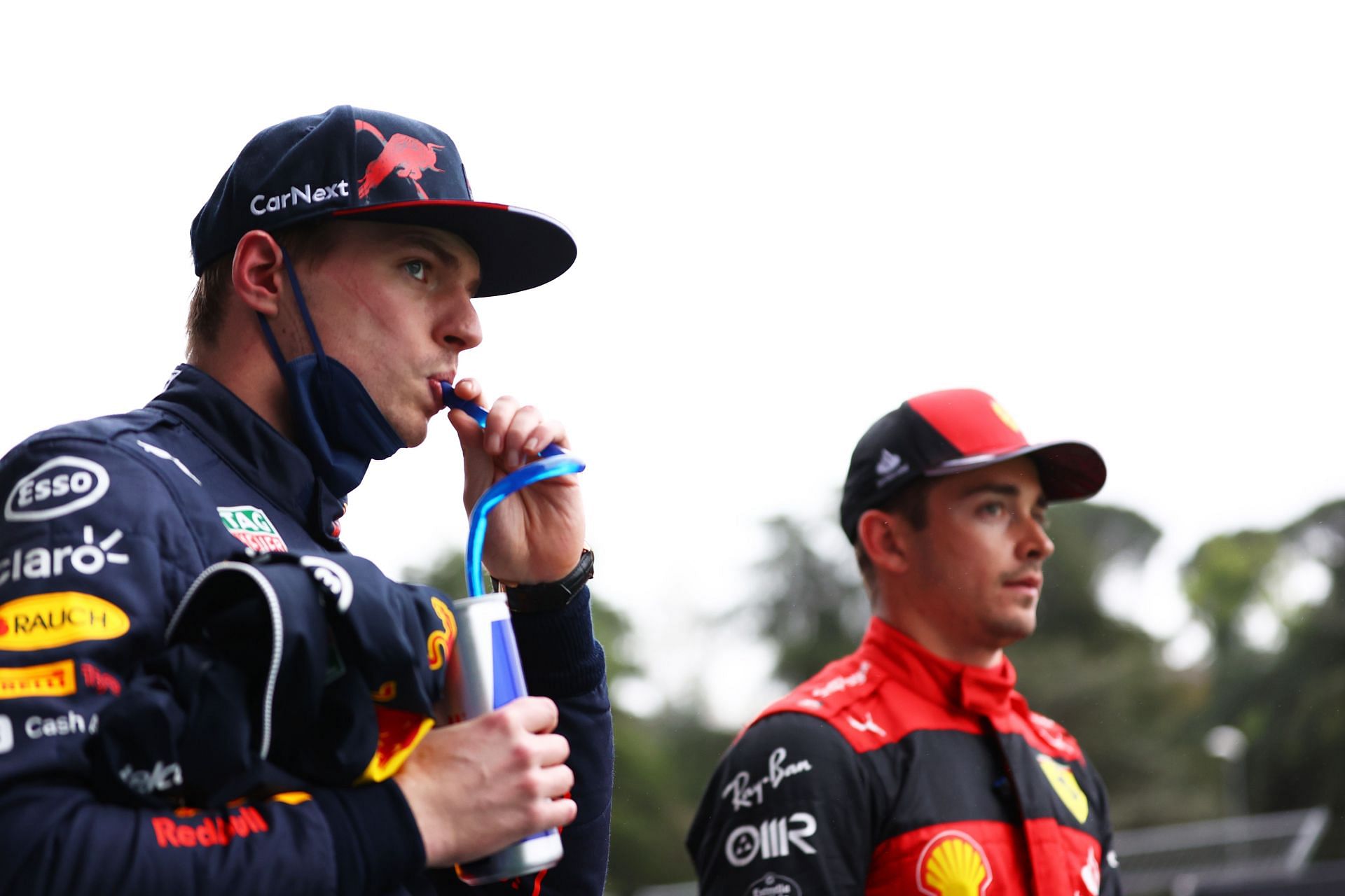 Max Verstappen and Charles Leclerc in parc ferm&eacute; during qualifying ahead of the F1 Grand Prix of Emilia Romagna (Photo by Dan Mullan/Getty Images)